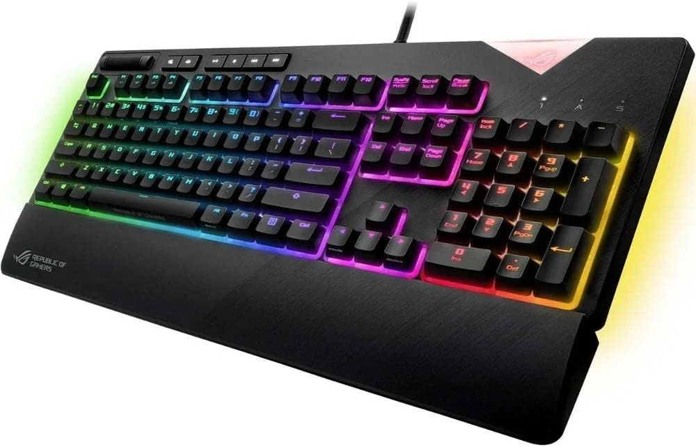 کیبورد گیمینگ مکانیکی ایسوس ROG Strix Flare با نورپردازی Aura Sync RGB (Cherry MX Brown)، سوییچ‌های Cherry MX Brown، نشان قابل تنظیم، USB Pass Through و کنترل‌های رسانه