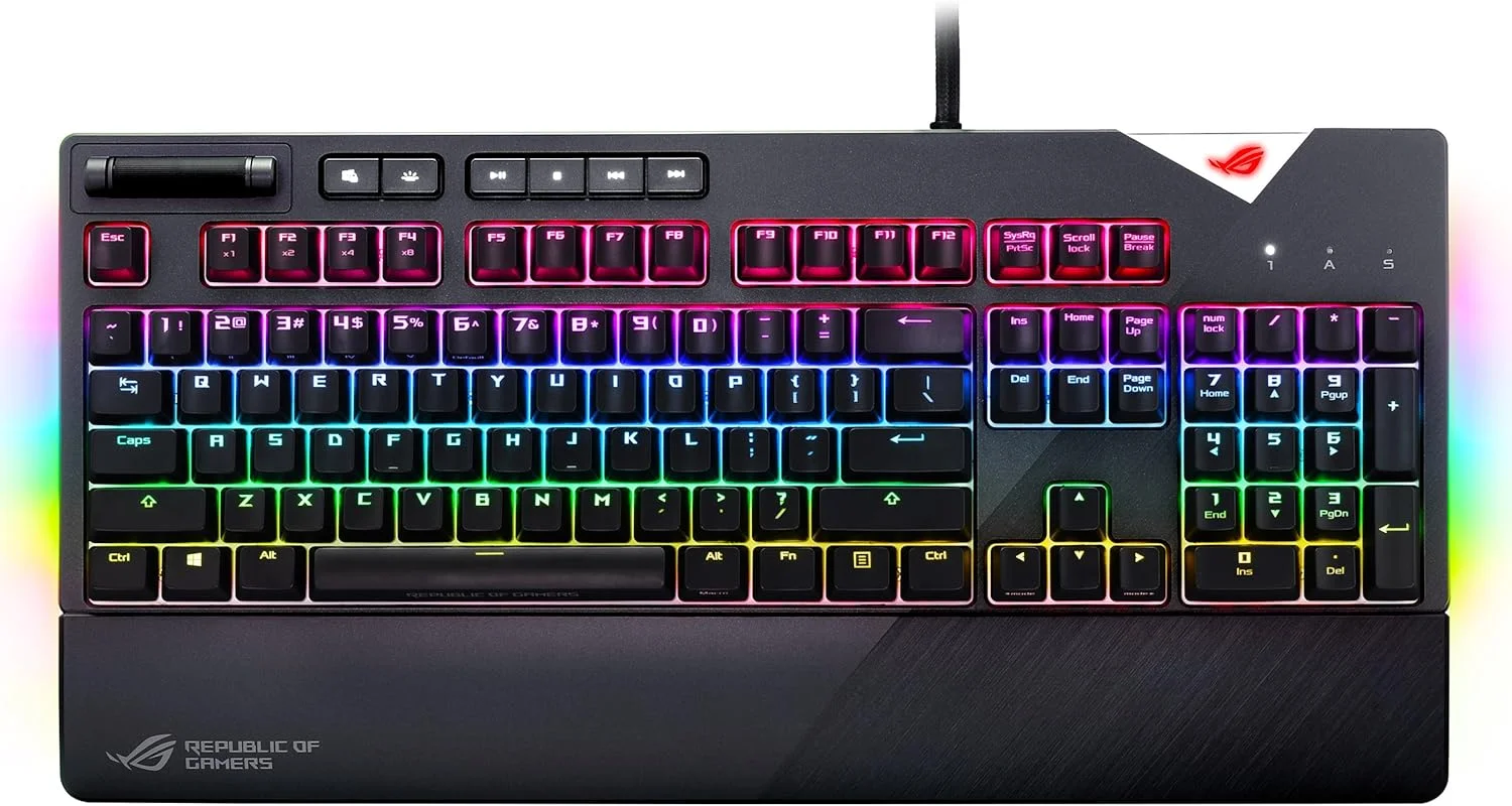 کیبورد گیمینگ مکانیکی ایسوس ROG Strix Flare با نورپردازی Aura Sync RGB (Cherry MX Brown)، سوییچ‌های Cherry MX Brown، نشان قابل تنظیم، USB Pass Through و کنترل‌های رسانه