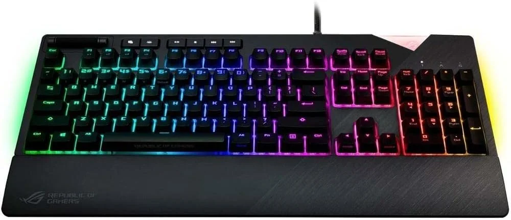 کیبورد گیمینگ مکانیکی ایسوس ROG Strix Flare با نورپردازی Aura Sync RGB (Cherry MX Brown)، سوییچ‌های Cherry MX Brown، نشان قابل تنظیم، USB Pass Through و کنترل‌های رسانه