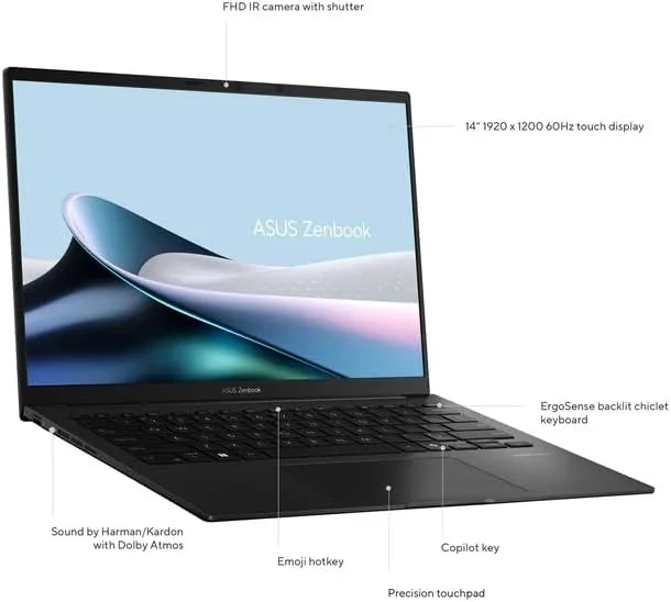 لپ تاپ 14 اینچی ASUS Zenbook، صفحه نمایش لمسی OLED WUXGA، پردازنده AMD Ryzen 7 8840HS هشت هسته ای، گرافیک AMD Radeon، رم 16 گیگابایتی LPDDR5، حافظه SSD 512 گیگابایتی، صفحه کلید با نور پس زمینه، Wi-Fi 6E، دوربین 1080p، ویندوز 11 هوم، همراه با USB 32 گیگابایتی COU