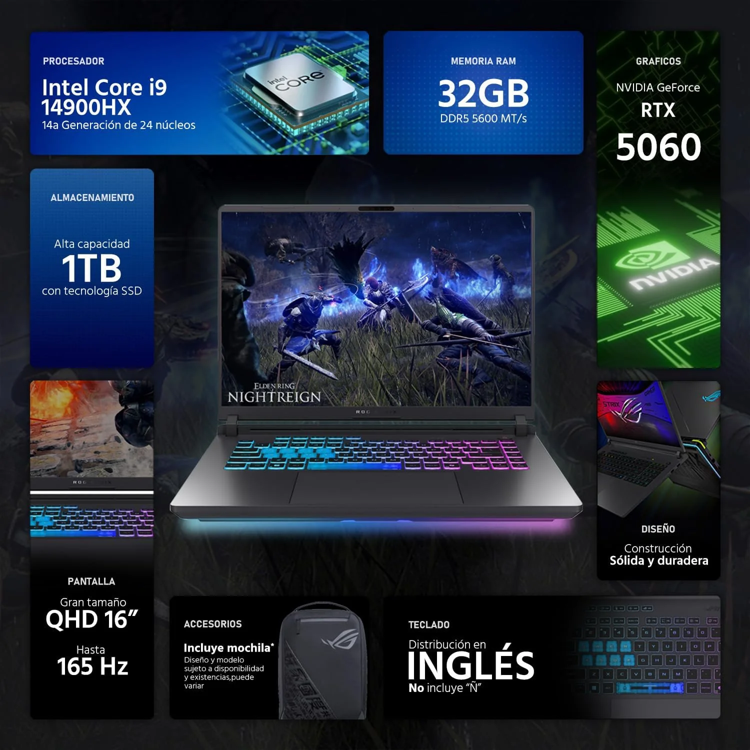 لپ تاپ گیمینگ ایسوس ROG Strix G16 NVIDIA GeForce RTX 5060 Intel Core i9 14900HX 32GB RAM 1TB SSD 16" Windows 11 Home کیبورد انگلیسی + کوله پشتی