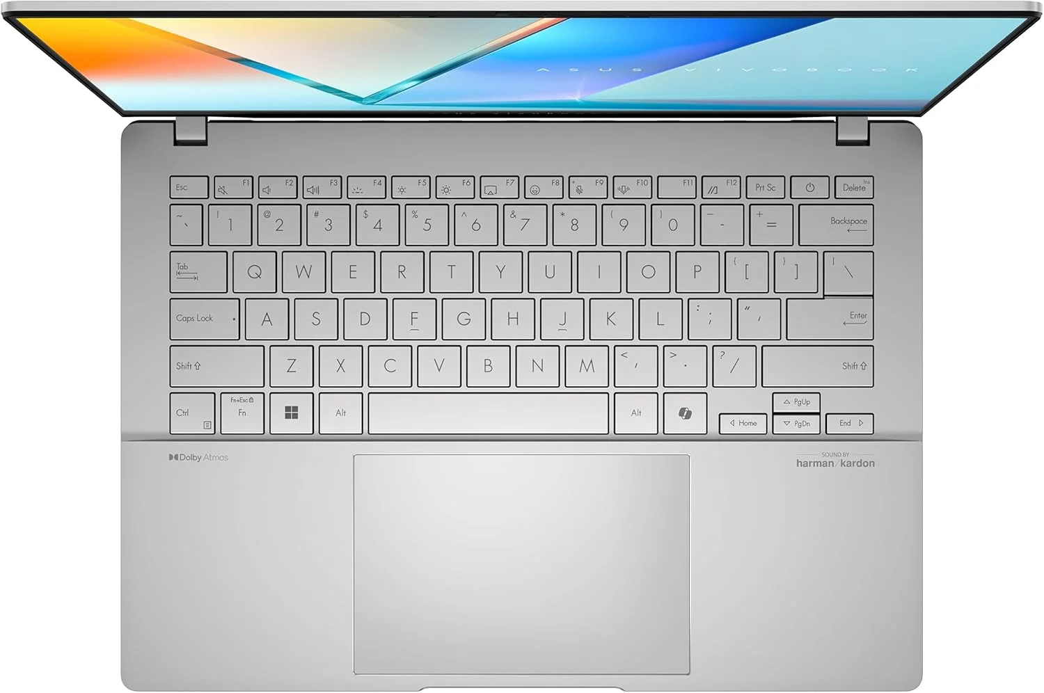 لپ تاپ باریک ASUS Vivobook S 14 OLED، پردازنده AMD Ryzen AI 9 365 (10 هسته)، 24 گیگابایت رم، 1 ترابایت SSD، صفحه کلید RGB قابل تنظیم، نقره ای خنک، M5406WA-AH94