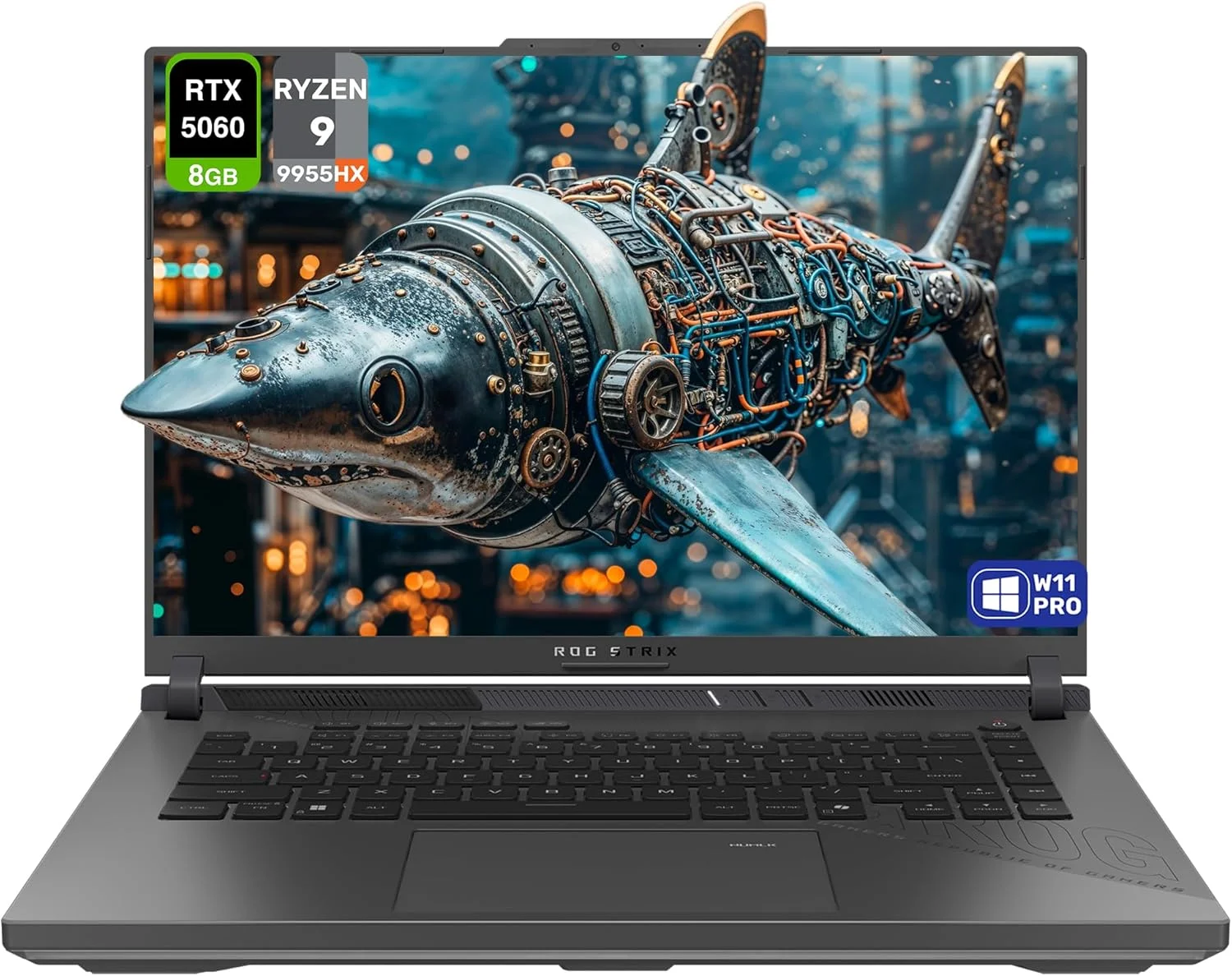 لپ تاپ گیمینگ ایسوس ROG Strix G16، پردازنده AMD Ryzen 9-9955HX، رم 64 گیگابایتی DDR5، حافظه SSD 4 ترابایتی PCIe، صفحه نمایش 16 اینچی WUXGA (1920x1200) 165 هرتز، کارت گرافیک Nvidia G-Force RTX 5060، کیبورد RGB 4 ناحیه ای، ویندوز 11 پرو، خاکستری تیره