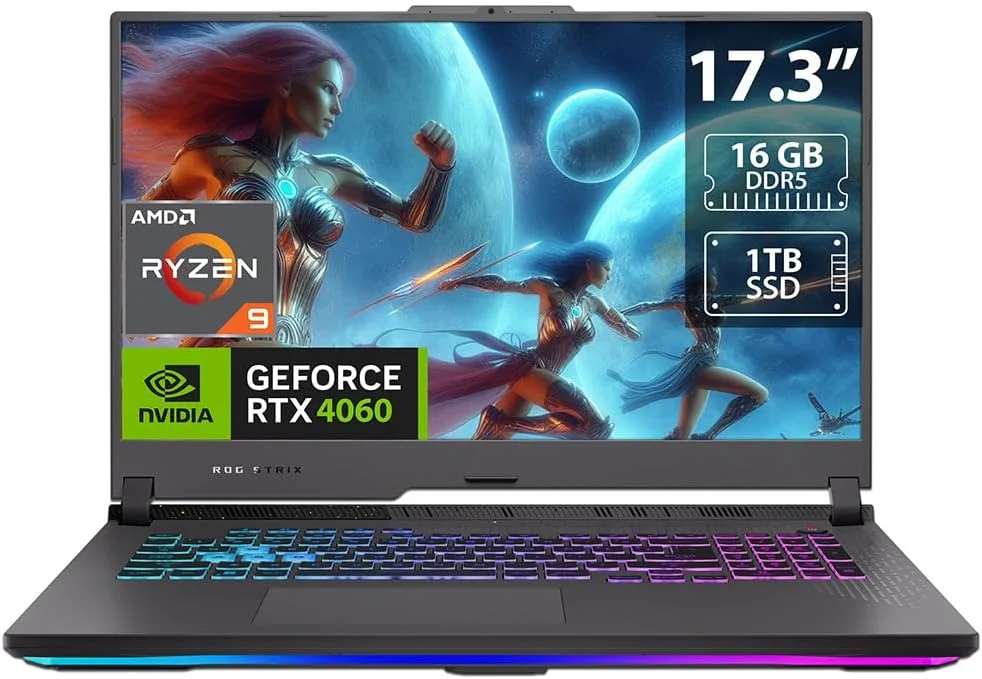 لپ تاپ گیمینگ ایسوس ROG Strix G17 G713AMD Ryzen 9 7845HX رم 16 گیگابایت SSD 1 ترابایت صفحه نمایش 17.3 اینچ GeForce RTX 4060، سیستم عامل Windows 11 Home نسخه انگلیسی کیبورد