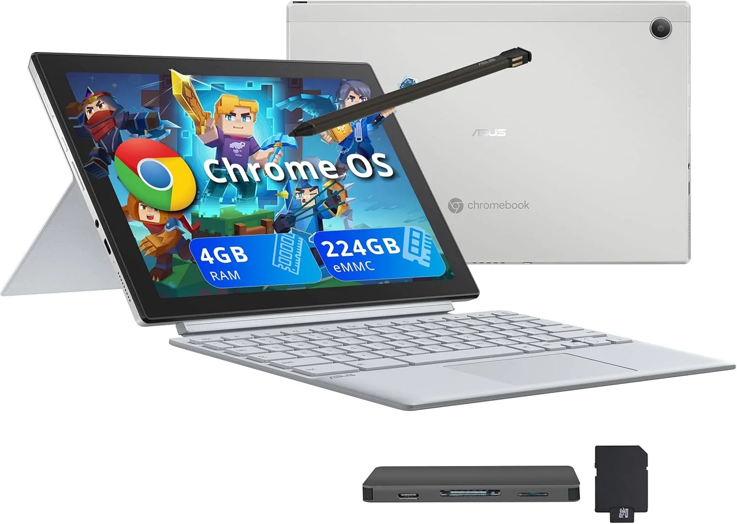 لپ تاپ کروم بوک 14 اینچی ASUS، پردازنده Intel M3-8100Y، رم 8 گیگابایتی، SSD 64 گیگابایتی، گرافیک Intel HD، کیبورد با نور پس زمینه، وب کم HD، سیستم عامل Chrome، نقره ای، کارت USB Hotface 128 گیگابایتی