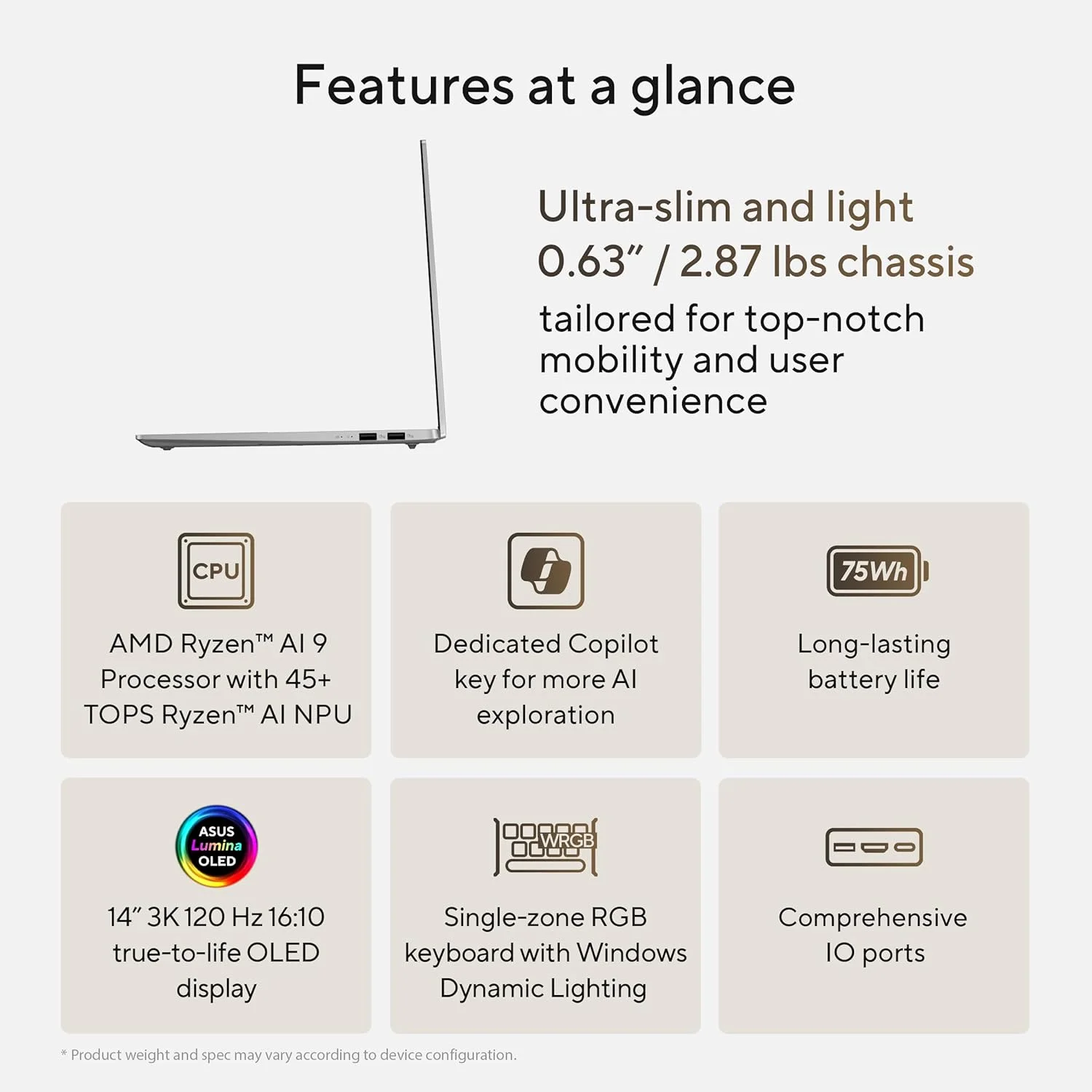 لپ تاپ باریک ASUS Vivobook S 14 OLED، پردازنده AMD Ryzen AI 9 365 (10 هسته)، 24 گیگابایت رم، 1 ترابایت SSD، صفحه کلید RGB قابل تنظیم، نقره ای خنک، M5406WA-AH94