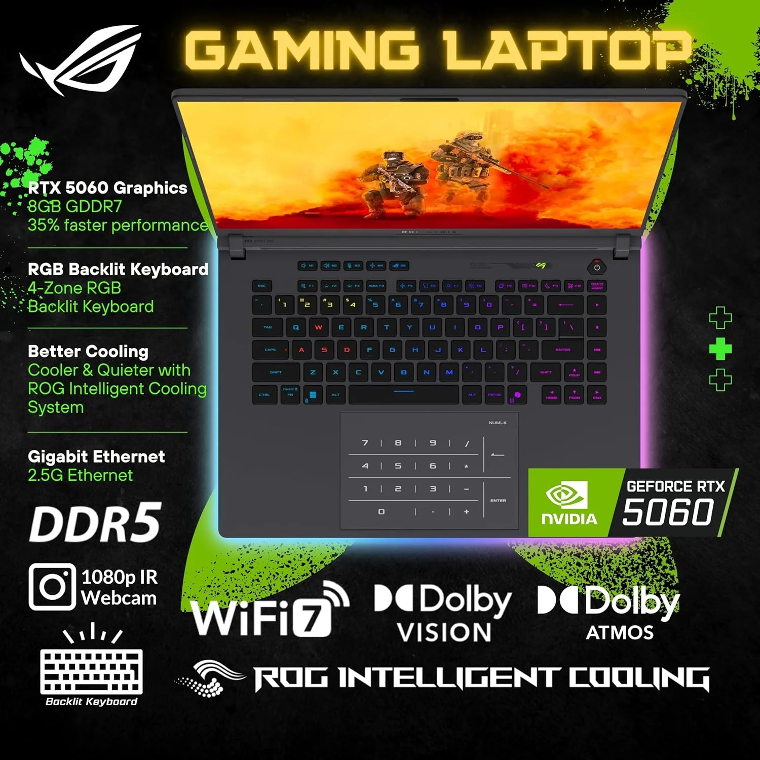 لپ تاپ گیمینگ ایسوس ROG Strix G16، صفحه نمایش 16 اینچی 165 هرتز 2K 3ms، پردازنده Core i7-14650HX (>i9-13900H)، کارت گرافیک INVIDIA GeForce RTX 5060، Copilot، کیبورد با نور پس زمینه RGB، Wi-Fi 7، ویندوز 11 پرو، مشکی (16 گیگابایت رم | 1 ترابایت SSD)