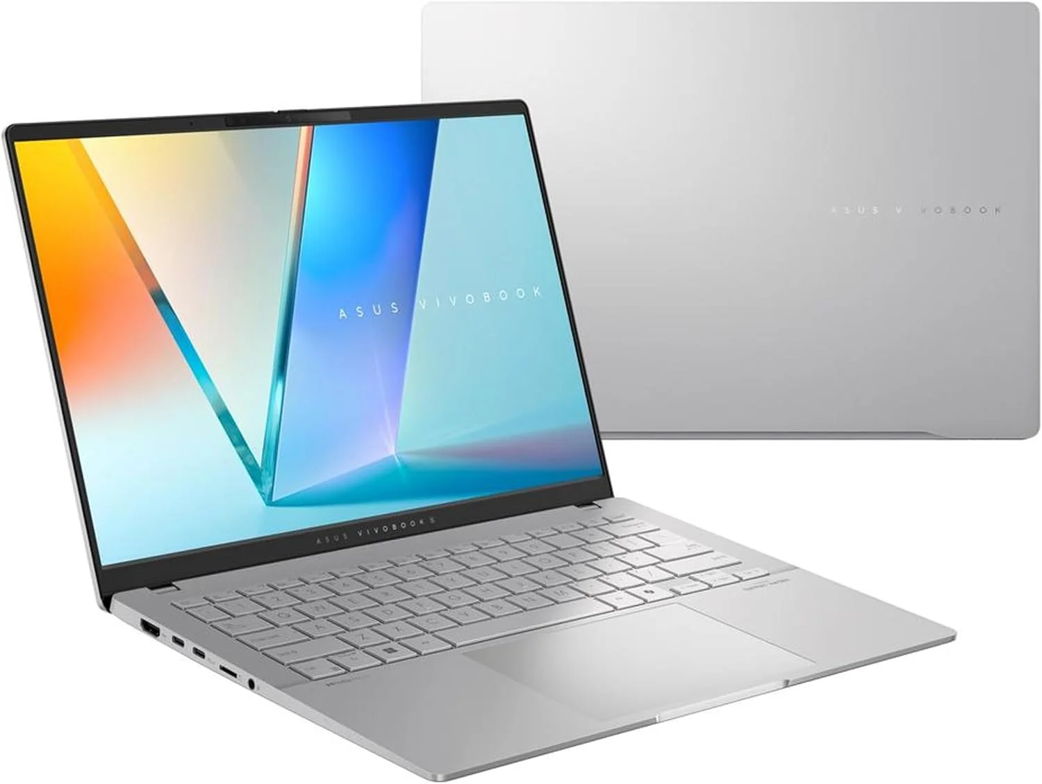 لپ تاپ باریک ASUS Vivobook S 14 OLED، پردازنده AMD Ryzen AI 9 365 (10 هسته)، 24 گیگابایت رم، 1 ترابایت SSD، صفحه کلید RGB قابل تنظیم، نقره ای خنک، M5406WA-AH94