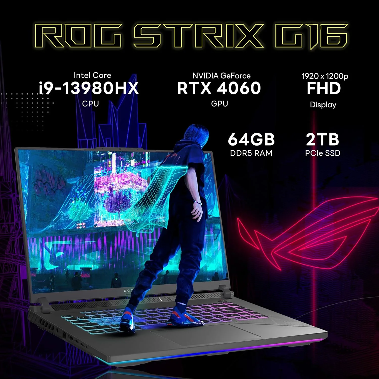 لپ تاپ گیمینگ 16 اینچی ASUS ROG Strix G16 با صفحه نمایش 165 هرتز FHD، پردازنده Intel i9-13980HX، رم 64 گیگابایت DDR5، حافظه SSD 2 ترابایت، کارت گرافیک NVIDIA GeForce RTX 4060 8GB، کیبورد با نور پس زمینه، وب کم HD، Wi-Fi 6E، خاکستری، ویندوز 11 پرو، به همراه داک استیشن 256 گیگابایتی