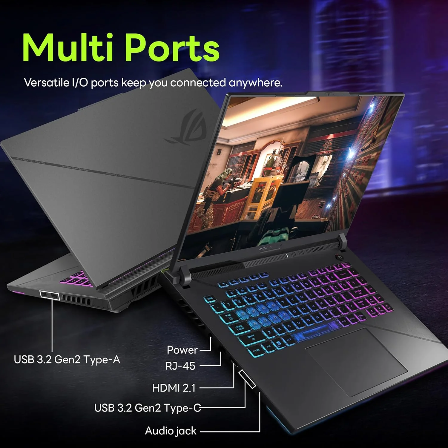 لپ تاپ گیمینگ 16 اینچی ASUS ROG Strix G16 با صفحه نمایش 165 هرتز FHD، پردازنده Intel i9-13980HX، رم 64 گیگابایت DDR5، حافظه SSD 2 ترابایت، کارت گرافیک NVIDIA GeForce RTX 4060 8GB، کیبورد با نور پس زمینه، وب کم HD، Wi-Fi 6E، خاکستری، ویندوز 11 پرو، به همراه داک استیشن 256 گیگابایتی