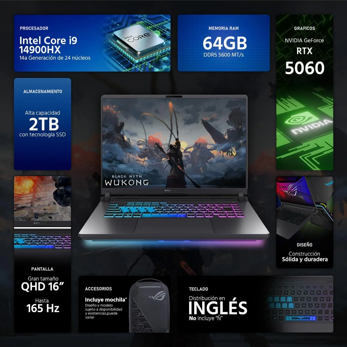لپ تاپ گیمینگ ایسوس ROG Strix G16 NVIDIA GeForce RTX 5060 Intel Core i9 14900HX 64GB RAM 2TB SSD 16" Windows 11 Home صفحه کلید انگلیسی + کوله پشتی