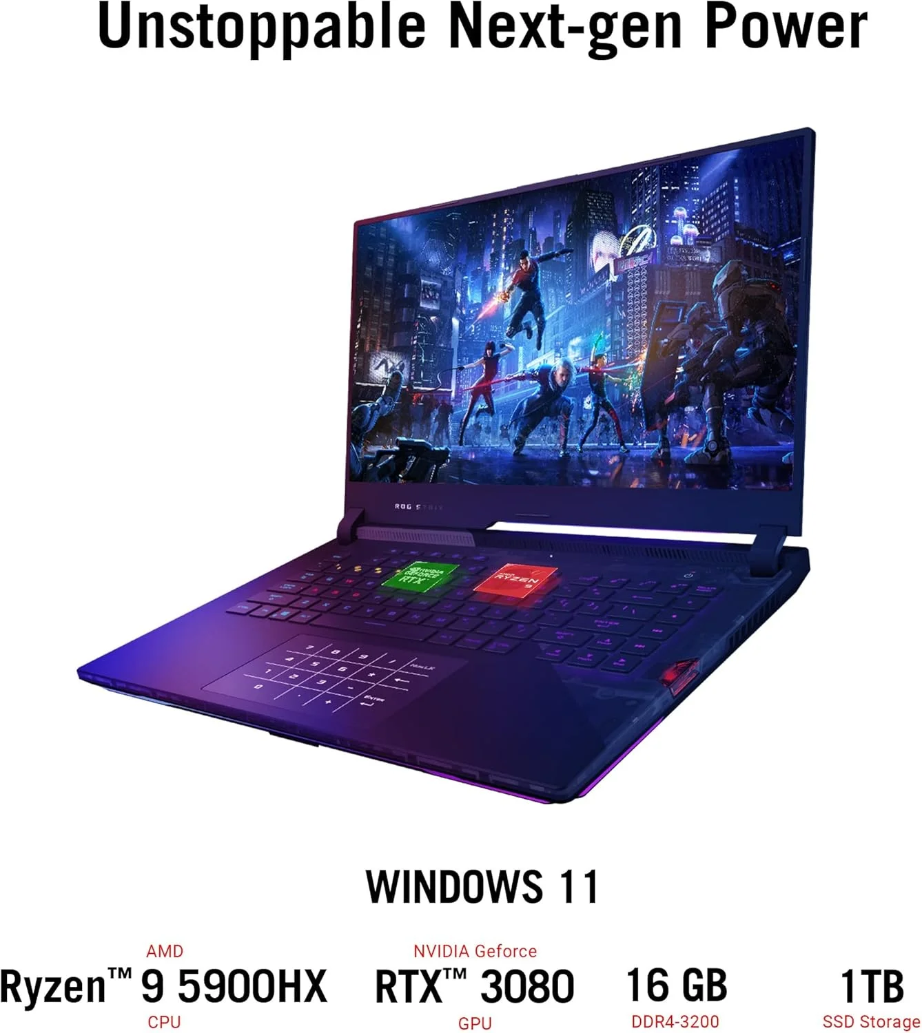 لپ تاپ گیمینگ ایسوس ROG Strix Scar 15، صفحه نمایش 15.6 اینچی 300 هرتز IPS نوع FHD، کارت گرافیک NVIDIA GeForce RTX 3080، پردازنده AMD Ryzen 9 5900HX، رم 16 گیگابایت DDR4، حافظه SSD 1 ترابایت، صفحه کلید اپتی-مکانیکال RGB با نورپردازی مجزا برای هر کلید، ویندوز 11، G533QS-DS94