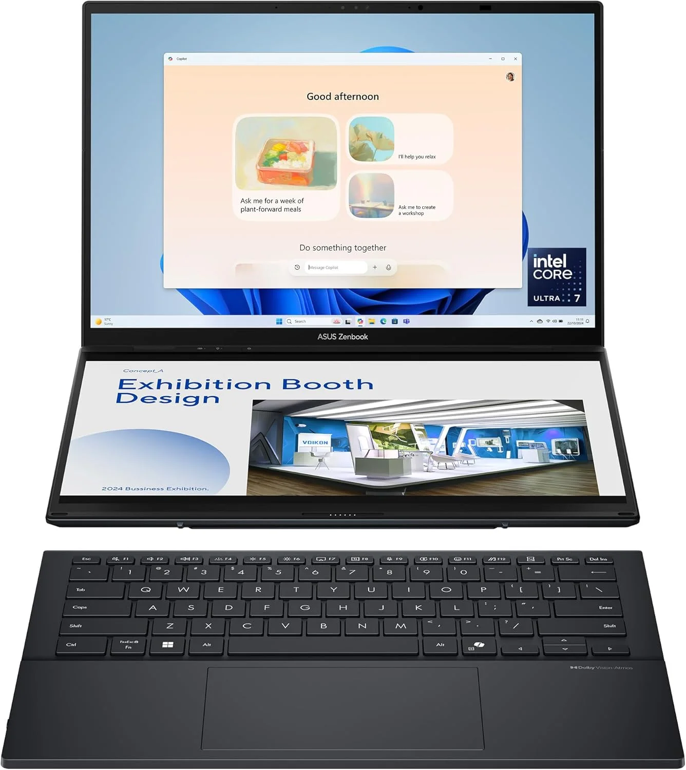 لپ تاپ لمسی ASUS Zenbook Duo UX8406CA-OLED7 / پردازنده Intel Ultra 7-255H / رم 32 گیگابایت / حافظه SSD 1 ترابایت / صفحه نمایش 14 اینچ 3K (2880x1800) 120Hz OLED / ویندوز 11 هوم، کیبورد انگلیسی/عربی - خاکستری بازالت
