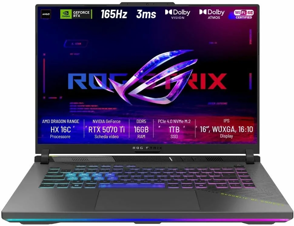 ایسوس ROG STRIX G16 G614PR، 16 اینچ 2.5K WUXGA، AMD Ryzen 9 8940HX، رم 16 گیگابایت DDR5، NVIDIA GeForce RTX 5070 Ti 12GB GDDR7، 1 ترابایت SSD، ویندوز 11 هوم، Wi-Fi 6E، BT 5.3، کیبورد با نور پس زمینه RGB