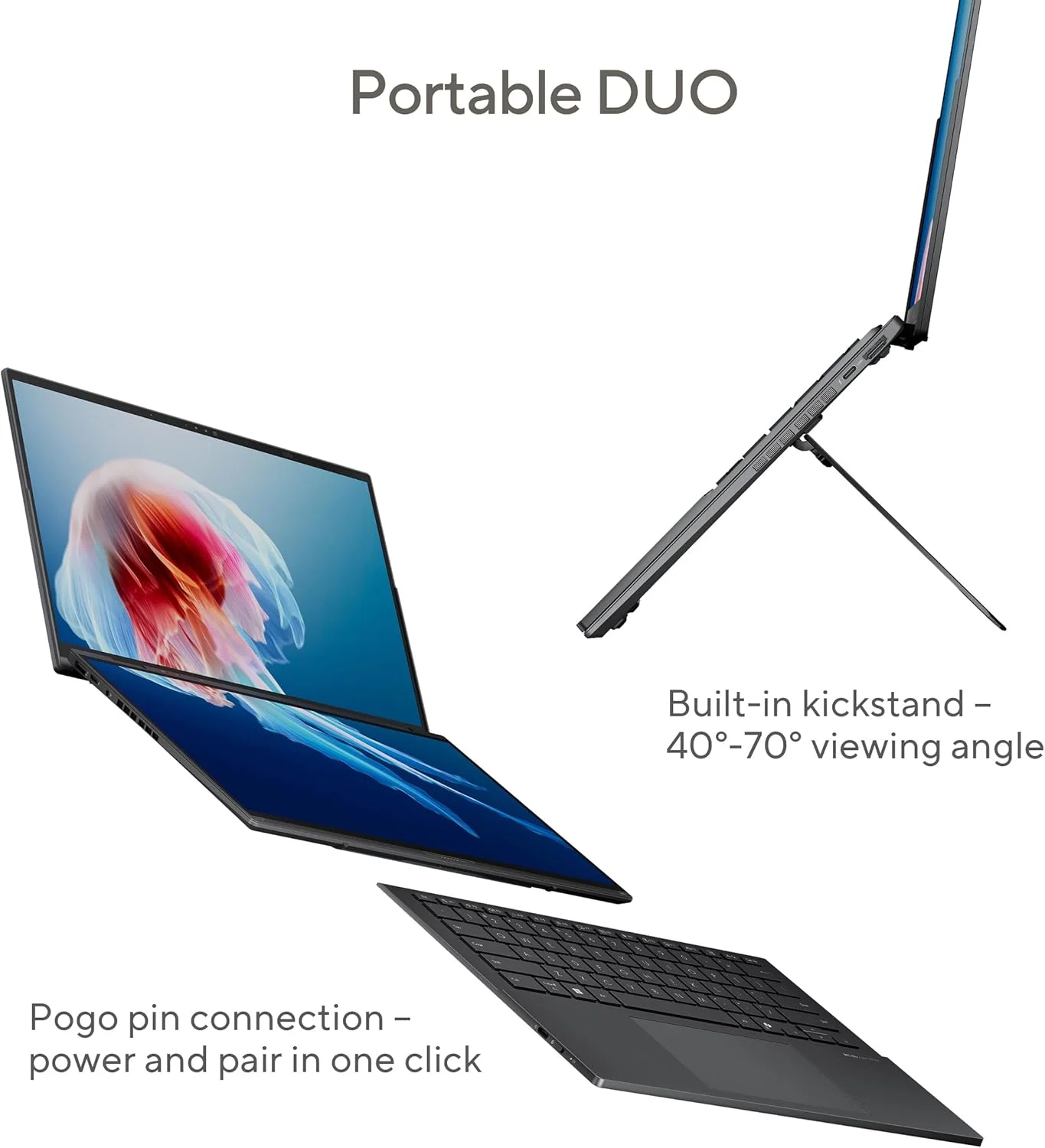 لپ تاپ لمسی ASUS Zenbook Duo UX8406CA-OLED7 / پردازنده Intel Ultra 7-255H / رم 32 گیگابایت / حافظه SSD 1 ترابایت / صفحه نمایش 14 اینچ 3K (2880x1800) 120Hz OLED / ویندوز 11 هوم، کیبورد انگلیسی/عربی - خاکستری بازالت