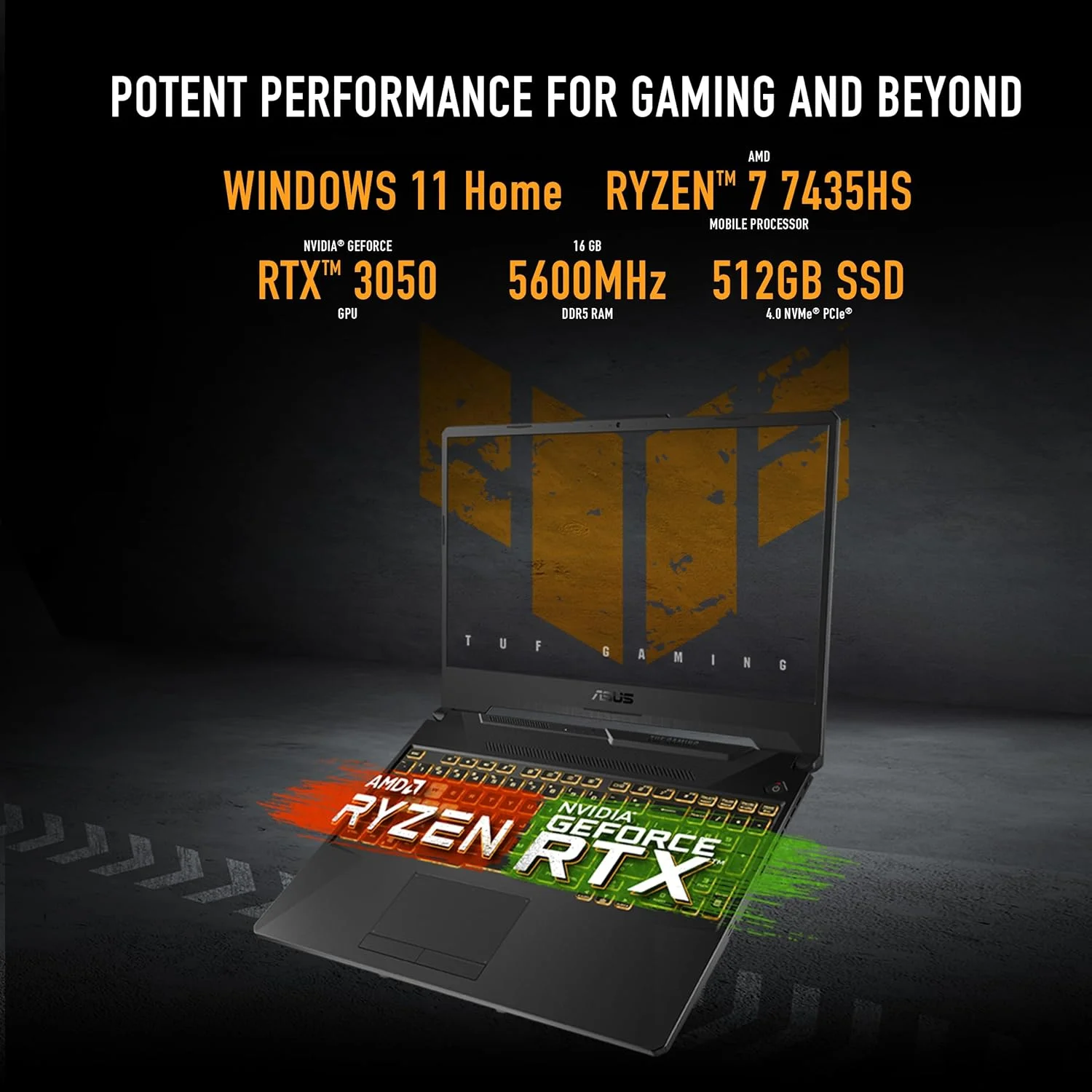 لپ تاپ گیمینگ ایسوس TUF Gaming A15 FA506NCR-HN044W AMD R7-7435HS/16GB RAM/512GB SSD/NVIDIA GeForce RTX 3050 4GB/15.6 FHD(1920x1080) 144Hz/Windows11 Home/1-Zone RGB/Eng-Arb Keyboard - Graphite Black
