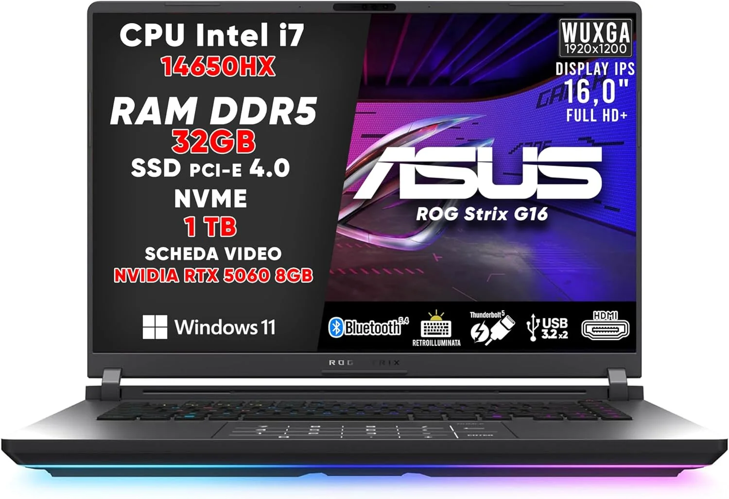 لپ تاپ گیمینگ ایسوس ROG STRIX G16 (2025)، نوت بوک گیمینگ I7-14650HX، NVIDIA GEFORCE RTX 5060 (8GB GDDR7)، رم 32 گیگابایتی DDR5، اس اس دی 1 ترابایتی، صفحه نمایش 16 اینچی FHD با THUNDERBOLT 5، BT 5.4، کیبورد RGB، WIFI 7