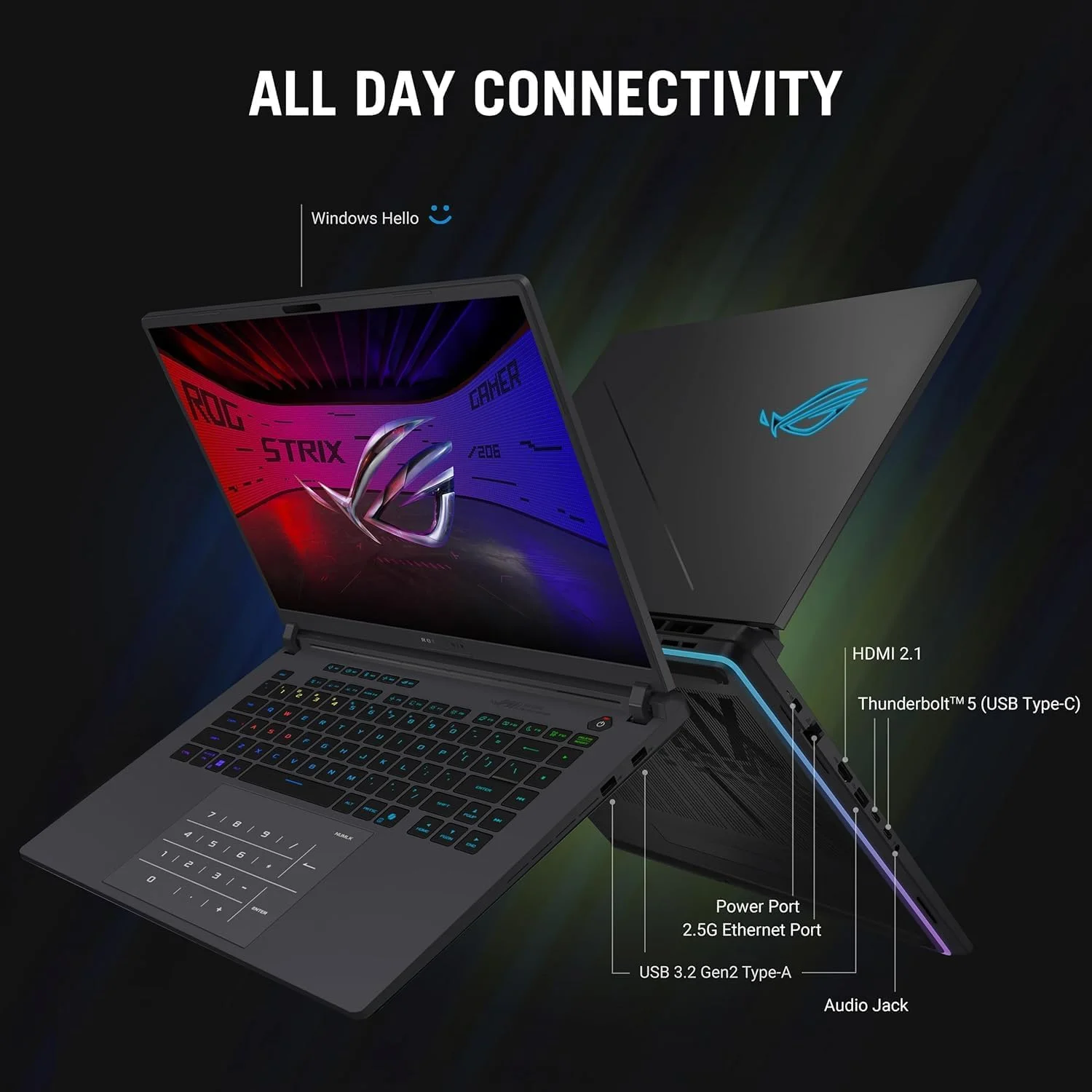 لپ تاپ گیمینگ ایسوس ROG STRIX G16 (2025)، نوت بوک گیمینگ I7-14650HX، NVIDIA GEFORCE RTX 5060 (8GB GDDR7)، رم 32 گیگابایتی DDR5، اس اس دی 1 ترابایتی، صفحه نمایش 16 اینچی FHD با THUNDERBOLT 5، BT 5.4، کیبورد RGB، WIFI 7