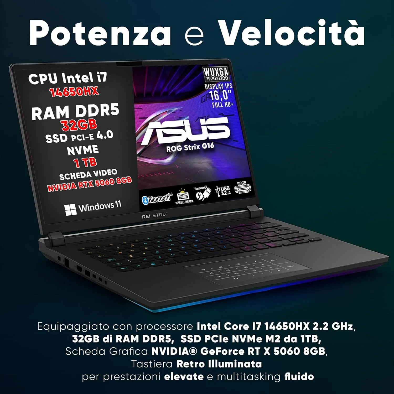 لپ تاپ گیمینگ ایسوس ROG STRIX G16 (2025)، نوت بوک گیمینگ I7-14650HX، NVIDIA GEFORCE RTX 5060 (8GB GDDR7)، رم 32 گیگابایتی DDR5، اس اس دی 1 ترابایتی، صفحه نمایش 16 اینچی FHD با THUNDERBOLT 5، BT 5.4، کیبورد RGB، WIFI 7