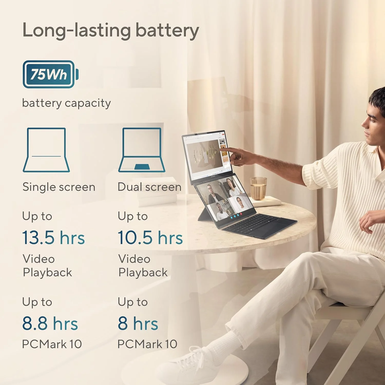 لپ تاپ لمسی ASUS Zenbook Duo UX8406CA-OLED7 / پردازنده Intel Ultra 7-255H / رم 32 گیگابایت / حافظه SSD 1 ترابایت / صفحه نمایش 14 اینچ 3K (2880x1800) 120Hz OLED / ویندوز 11 هوم، کیبورد انگلیسی/عربی - خاکستری بازالت