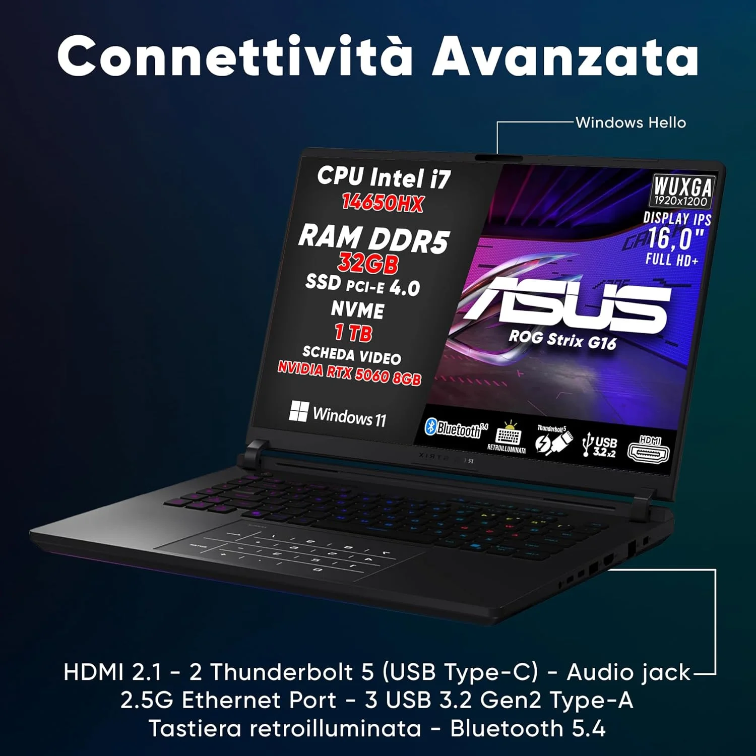 لپ تاپ گیمینگ ایسوس ROG STRIX G16 (2025)، نوت بوک گیمینگ I7-14650HX، NVIDIA GEFORCE RTX 5060 (8GB GDDR7)، رم 32 گیگابایتی DDR5، اس اس دی 1 ترابایتی، صفحه نمایش 16 اینچی FHD با THUNDERBOLT 5، BT 5.4، کیبورد RGB، WIFI 7