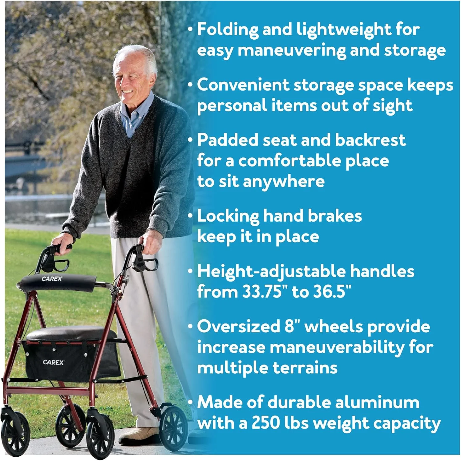 واکر رولیتور Carex با صندلی - واکر بزرگسالان با قابلیت تنظیم ارتفاع با صندلی و چرخ، تحمل وزن تا 113 کیلوگرم، 1 عدد (بسته 1 عددی)