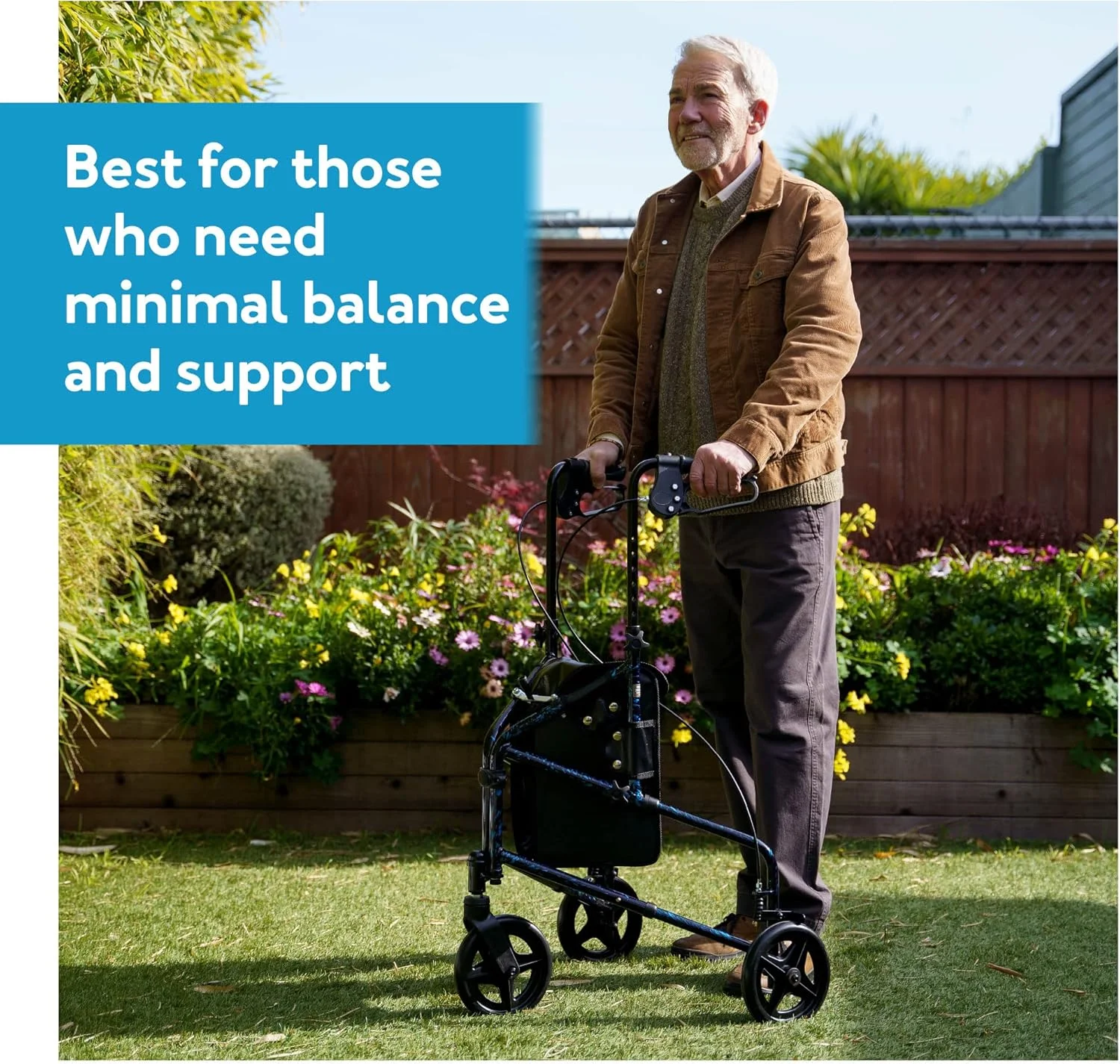 واکر سه چرخ سالمندان Carex Health Brands، واکر رولیتور تاشو سه چرخ با دسته‌های قابل تنظیم ارتفاع، آبی، 1 عدد