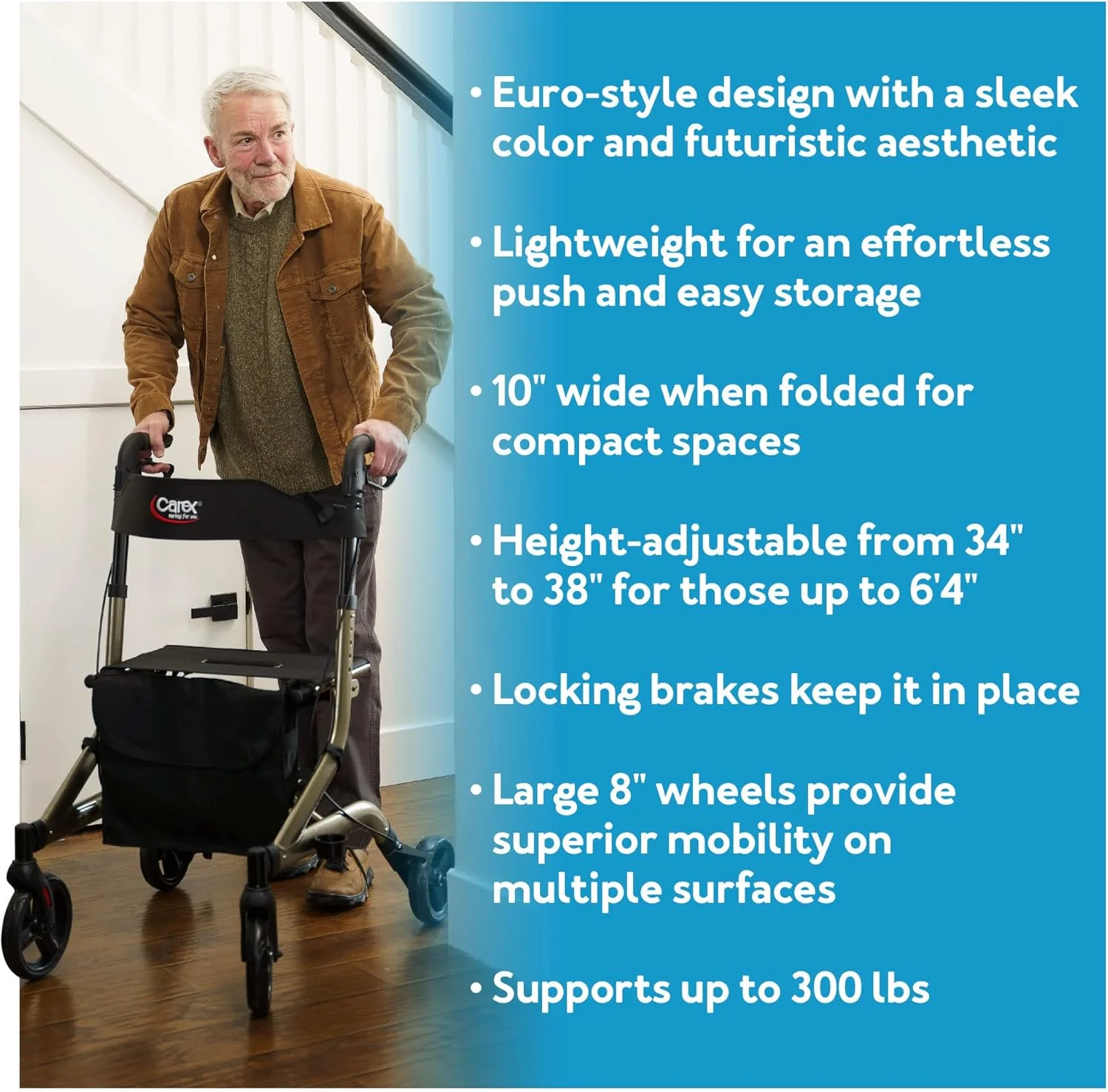 رولیتور واکر چرخدار Carex Crosstour - واکر چرخدار با صندلی - تاشو، رولیتور سبک اروپایی، واکر 4 چرخ برای سالمندان - ظرفیت 300 پوند، واکر با صندلی برای سالمندان