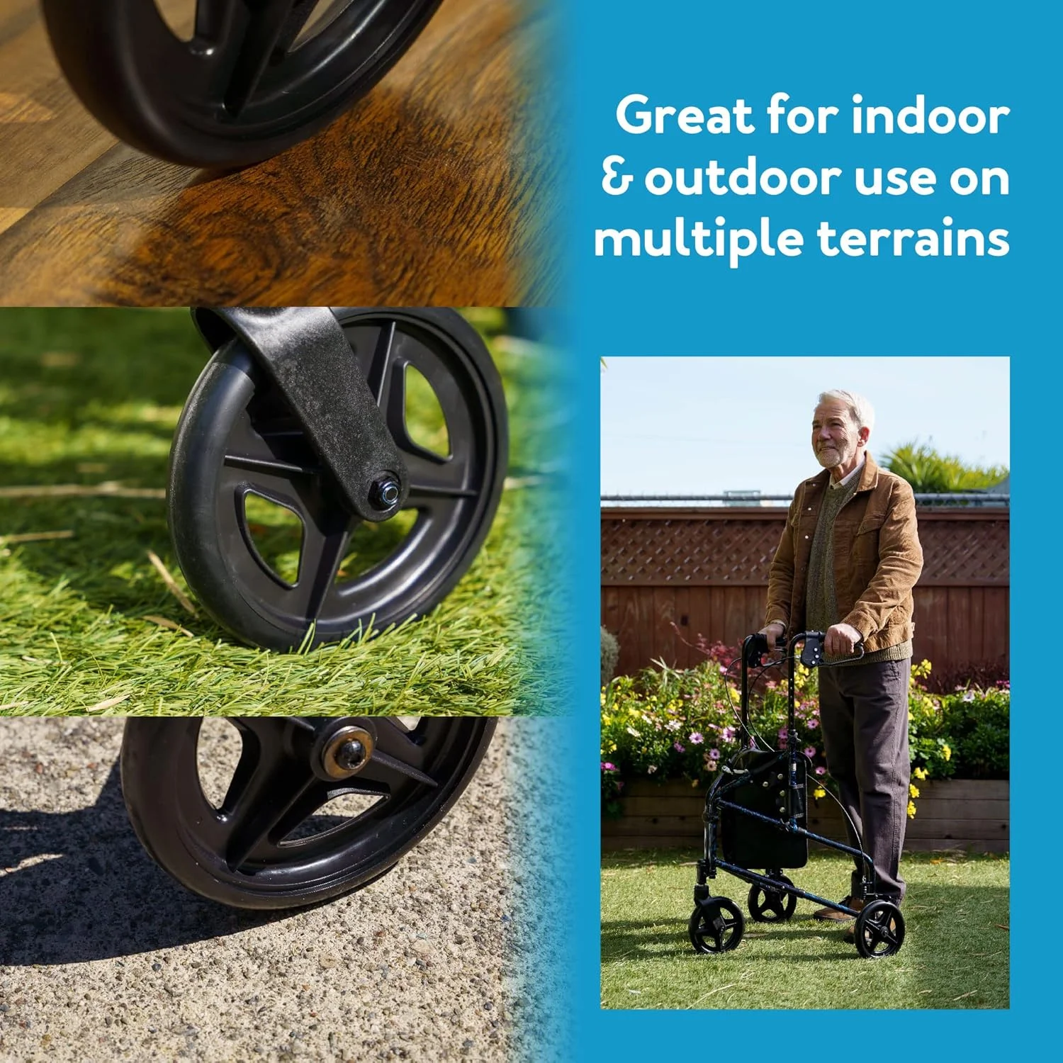 واکر سه چرخ سالمندان Carex Health Brands، واکر رولیتور تاشو سه چرخ با دسته‌های قابل تنظیم ارتفاع، آبی، 1 عدد