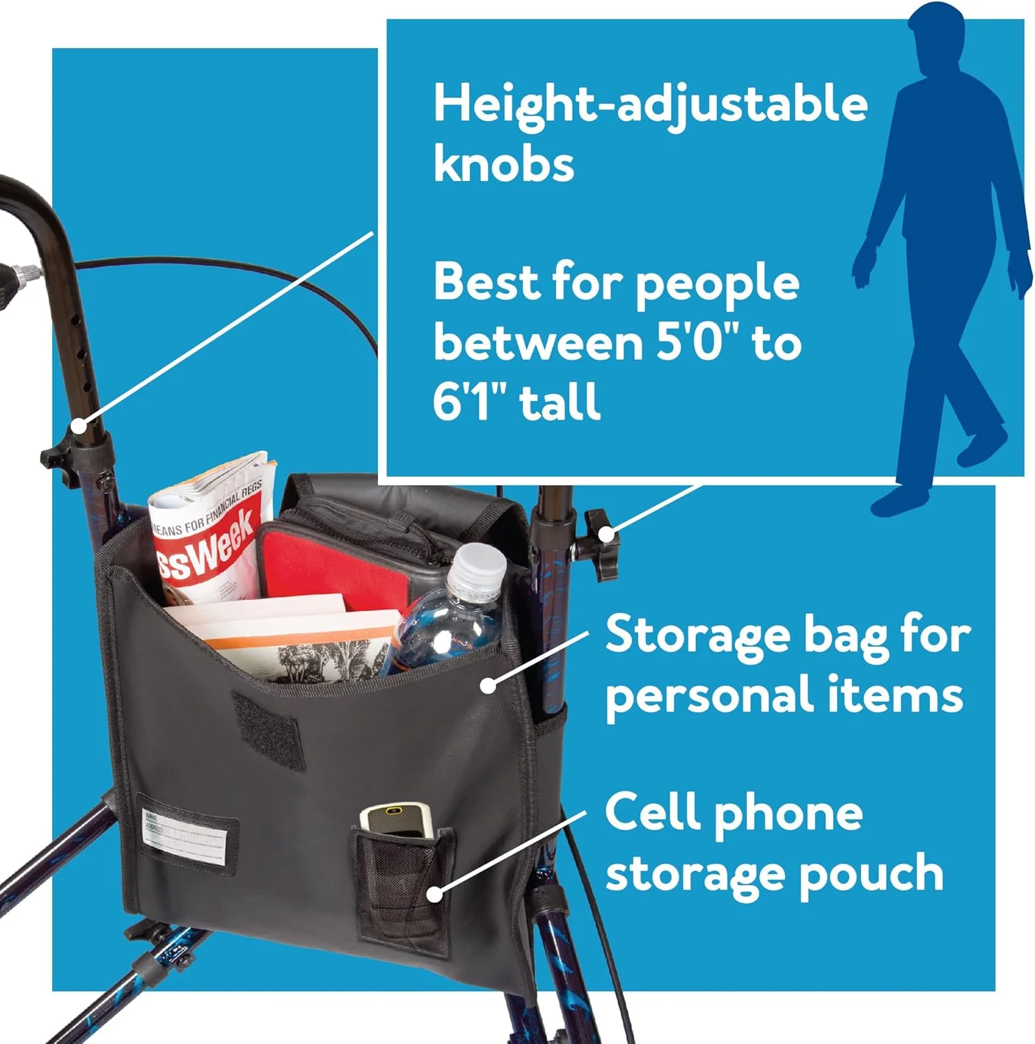 واکر سه چرخ سالمندان Carex Health Brands، واکر رولیتور تاشو سه چرخ با دسته‌های قابل تنظیم ارتفاع، آبی، 1 عدد