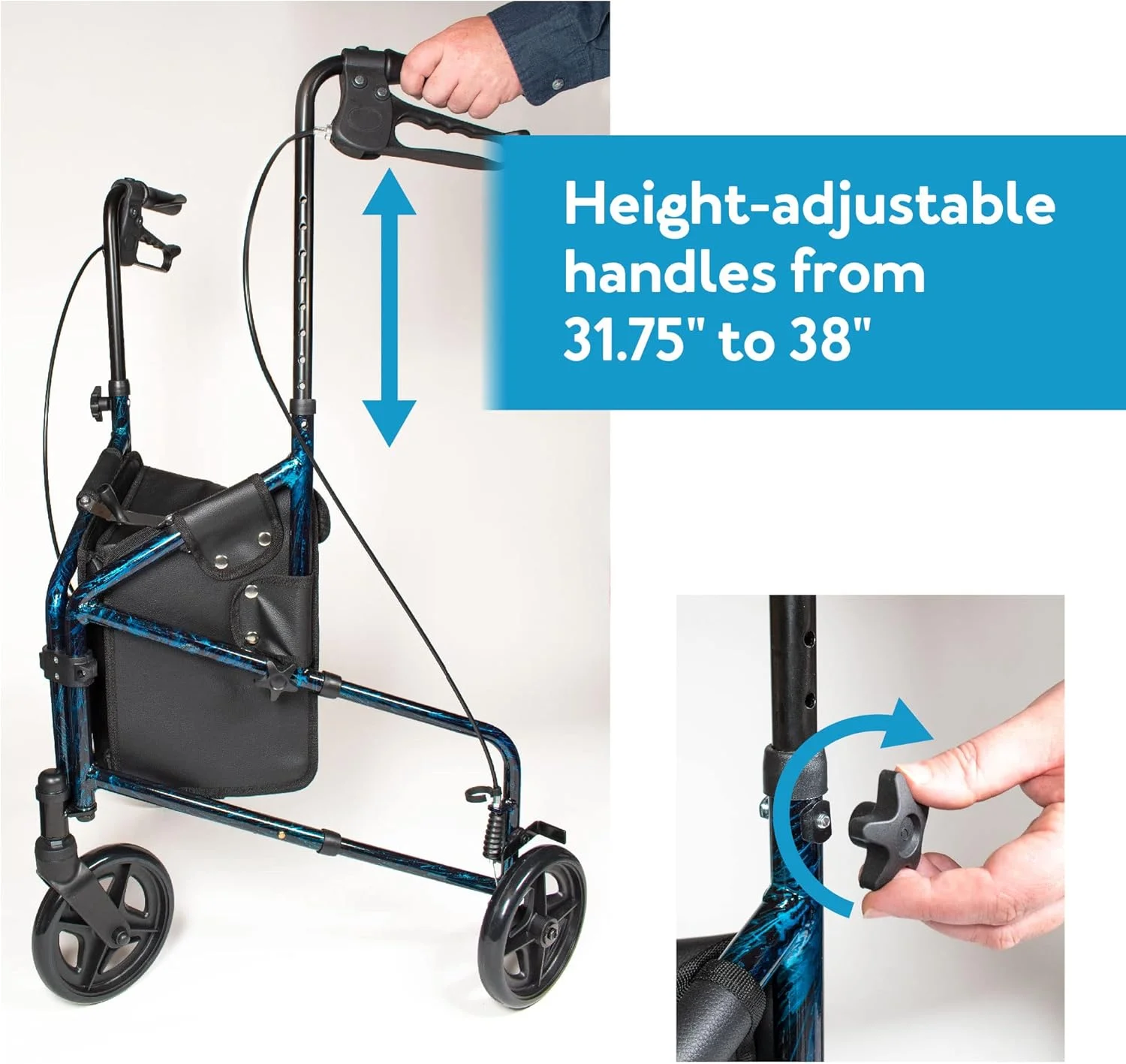 واکر سه چرخ سالمندان Carex Health Brands، واکر رولیتور تاشو سه چرخ با دسته‌های قابل تنظیم ارتفاع، آبی، 1 عدد