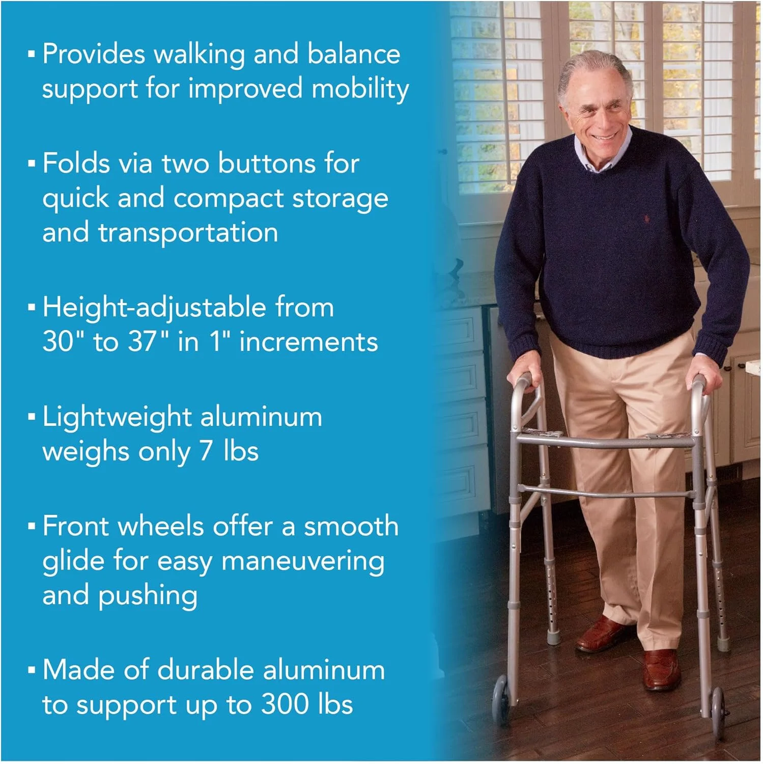 واکر تاشو Carex برای سالمندان - واکر بزرگسال با چرخ - واکر پزشکی قابل حمل با ارتفاع قابل تنظیم، 30-37 اینچ