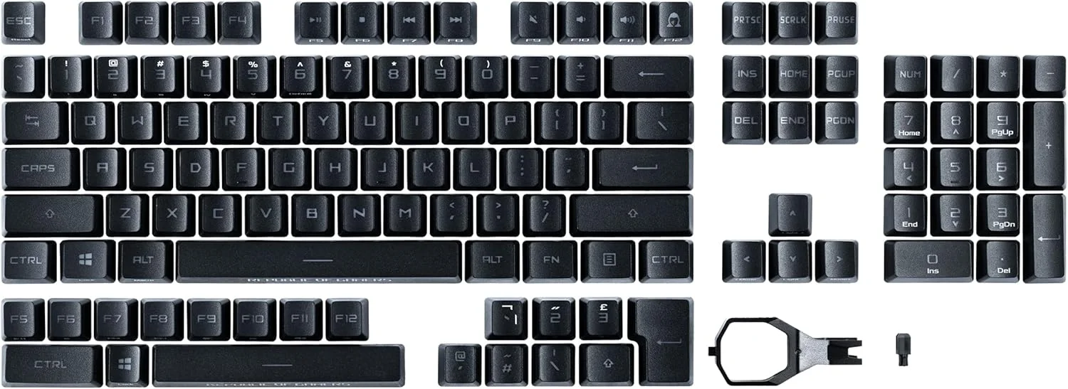 ست کلیدهای ASUS ROG RX PBT، با کیفیت عالی، کلیدهای PBT بادوام با ساقه‌های کوتاه شده و پروفایل‌های ارتفاع متوسط، ارائه ثبات کلیک بهتر و طول عمر بیشتر