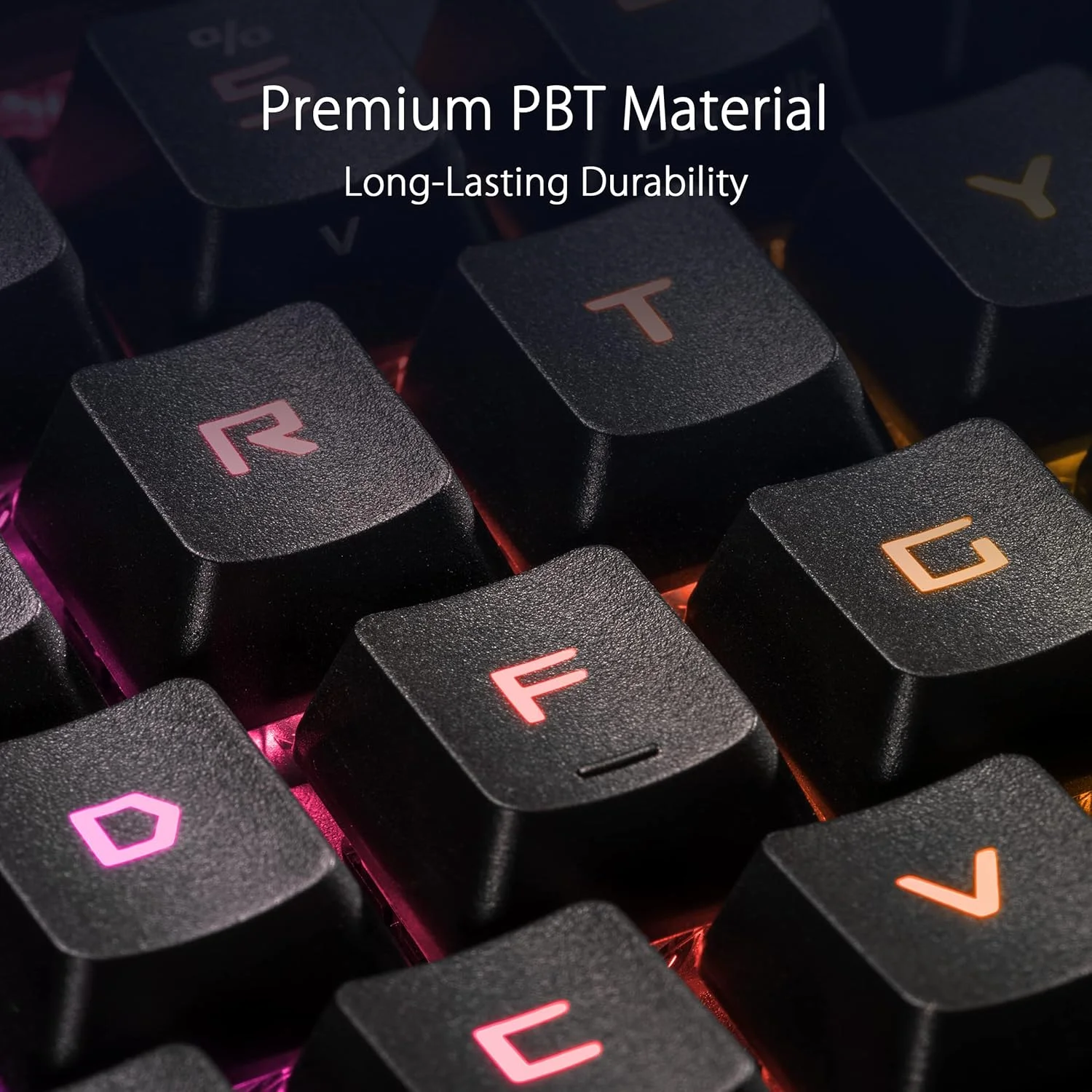 ست کلیدهای ASUS ROG RX PBT، با کیفیت عالی، کلیدهای PBT بادوام با ساقه‌های کوتاه شده و پروفایل‌های ارتفاع متوسط، ارائه ثبات کلیک بهتر و طول عمر بیشتر