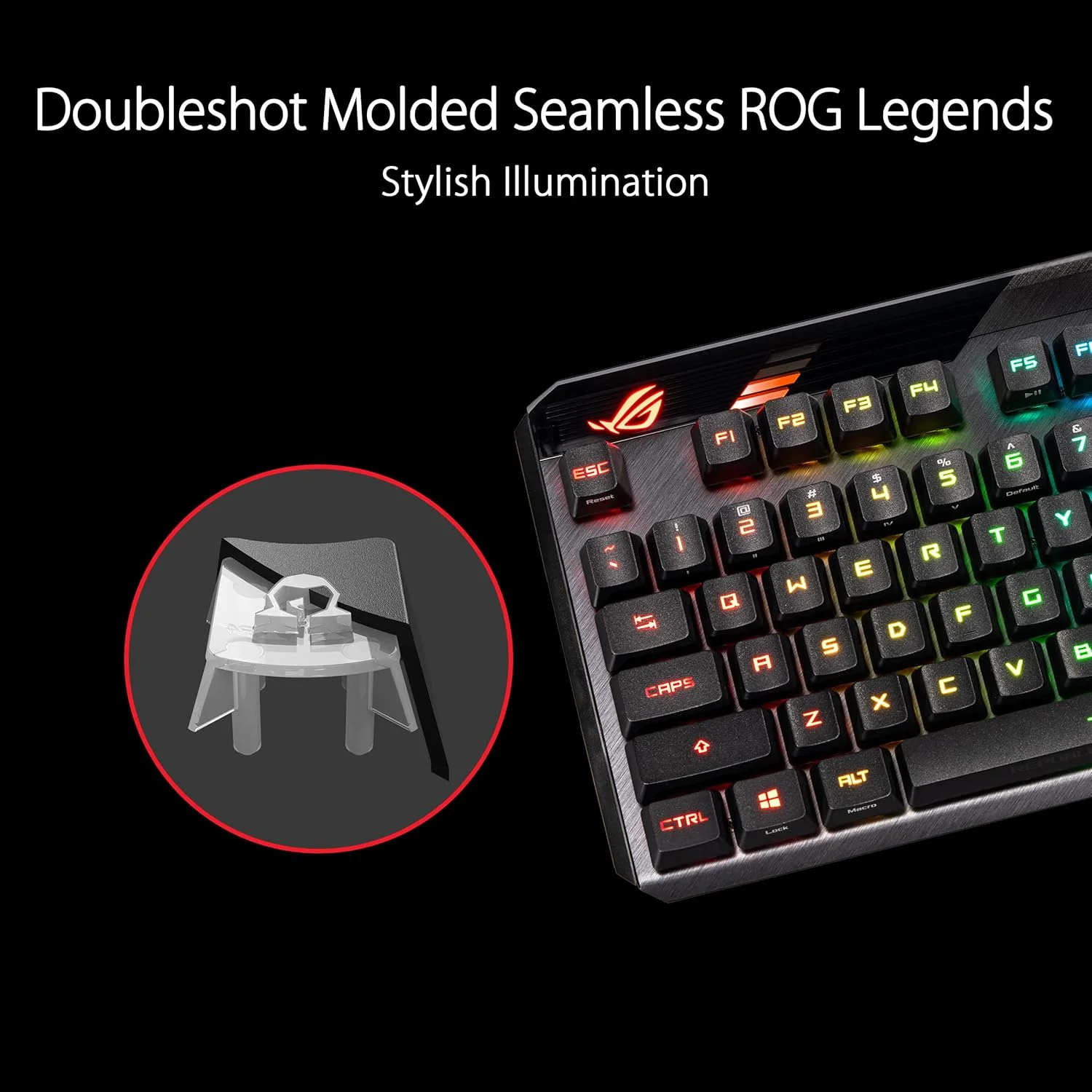 ست کلیدهای ASUS ROG RX PBT، با کیفیت عالی، کلیدهای PBT بادوام با ساقه‌های کوتاه شده و پروفایل‌های ارتفاع متوسط، ارائه ثبات کلیک بهتر و طول عمر بیشتر