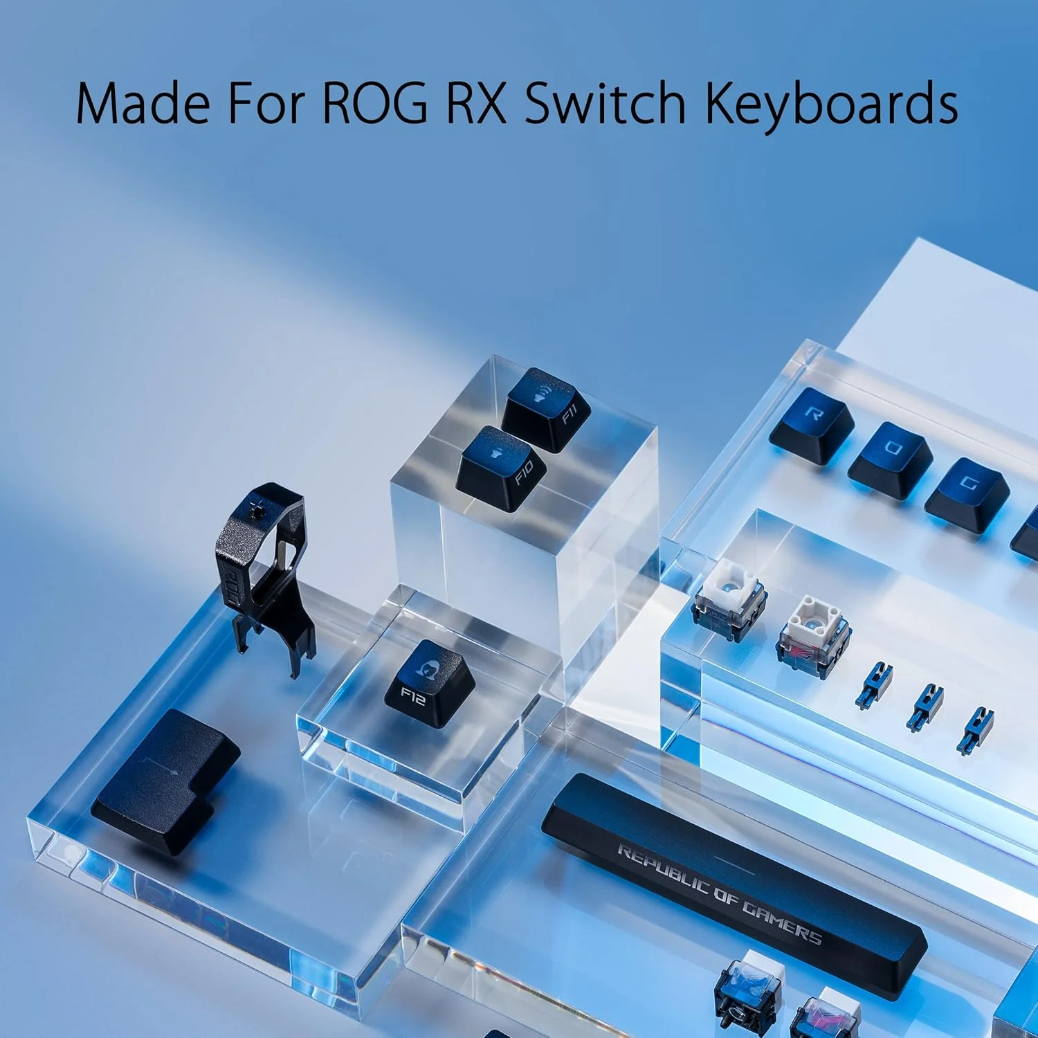 ست کلیدهای ASUS ROG RX PBT، با کیفیت عالی، کلیدهای PBT بادوام با ساقه‌های کوتاه شده و پروفایل‌های ارتفاع متوسط، ارائه ثبات کلیک بهتر و طول عمر بیشتر