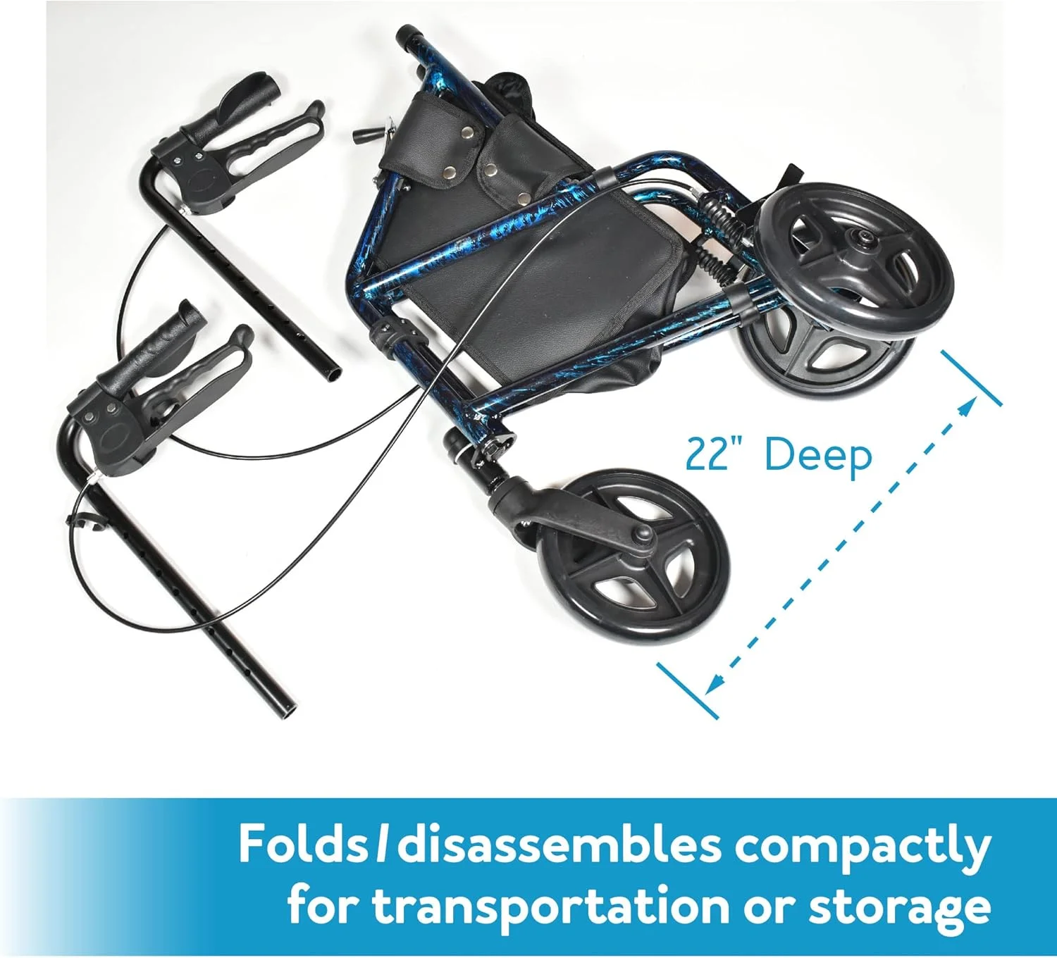 واکر سه چرخ سالمندان Carex Health Brands، واکر رولیتور تاشو سه چرخ با دسته‌های قابل تنظیم ارتفاع، آبی، 1 عدد