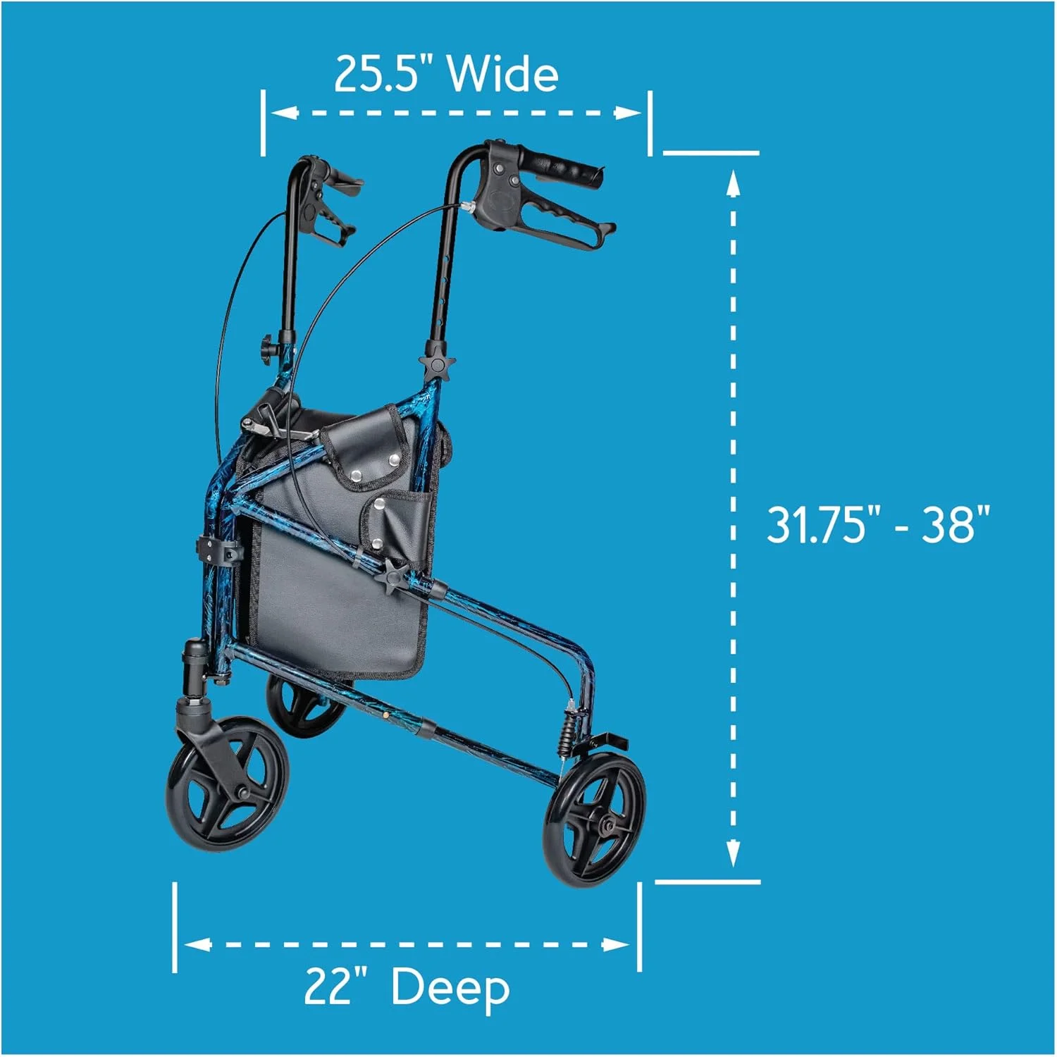 واکر سه چرخ سالمندان Carex Health Brands، واکر رولیتور تاشو سه چرخ با دسته‌های قابل تنظیم ارتفاع، آبی، 1 عدد