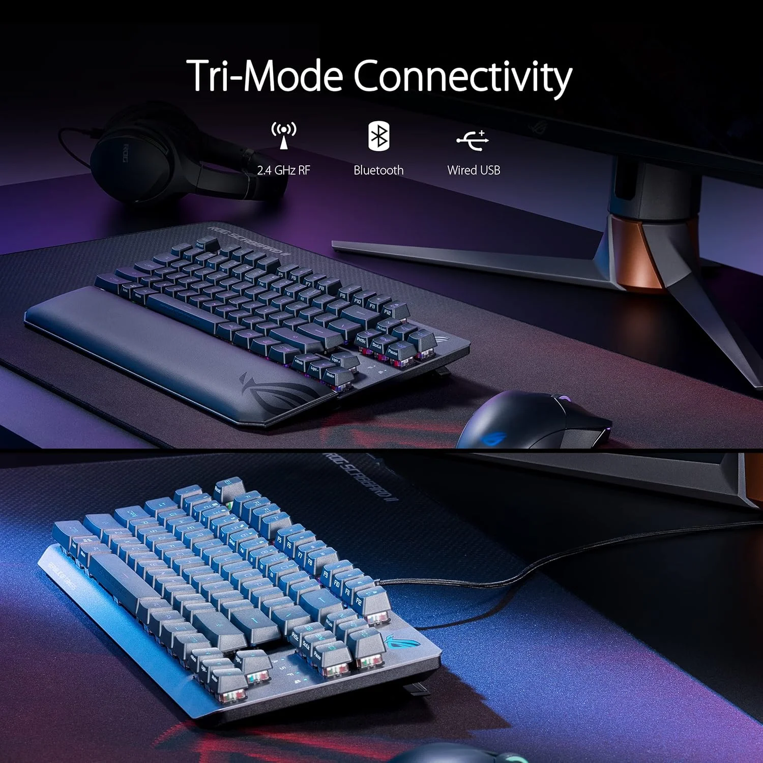 کیبورد گیمینگ 80% ایسوس ROG Strix Scope RX TKL Wireless Deluxe، اتصال سه حالته (RF 2.4 گیگاهرتز، بلوتوث، سیمی)، سوییچ‌های مکانیکی اپتیکال ROG RX آبی، کلیدهای PBT، نورپردازی RGB، استراحتگاه مچ دست، مشکی