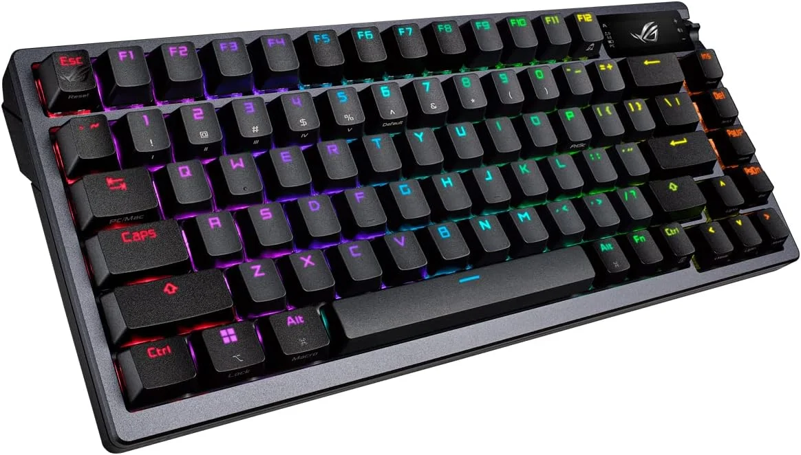 کیبورد گیمینگ مکانیکی ایسوس ROG Azoth با پوشش فلزی 75%، سوییچ ROG NX Red روانکاری شده، کیت روانکاری ABS، اتصال مادون قرمز BT و USB-C، نمایشگر OLED، سه ارتفاع قابل تنظیم و سازگاری با مک