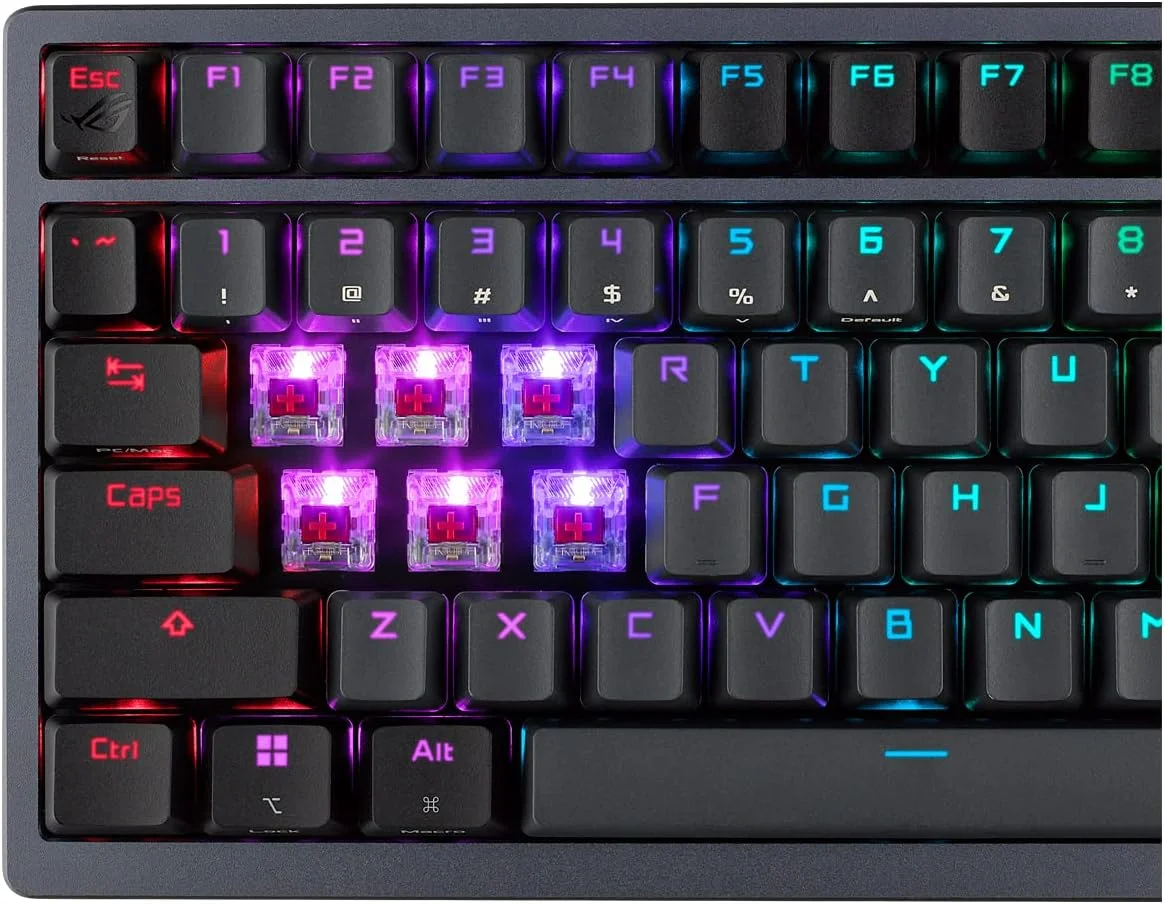 کیبورد گیمینگ مکانیکی ایسوس ROG Azoth با پوشش فلزی 75%، سوییچ ROG NX Red روانکاری شده، کیت روانکاری ABS، اتصال مادون قرمز BT و USB-C، نمایشگر OLED، سه ارتفاع قابل تنظیم و سازگاری با مک