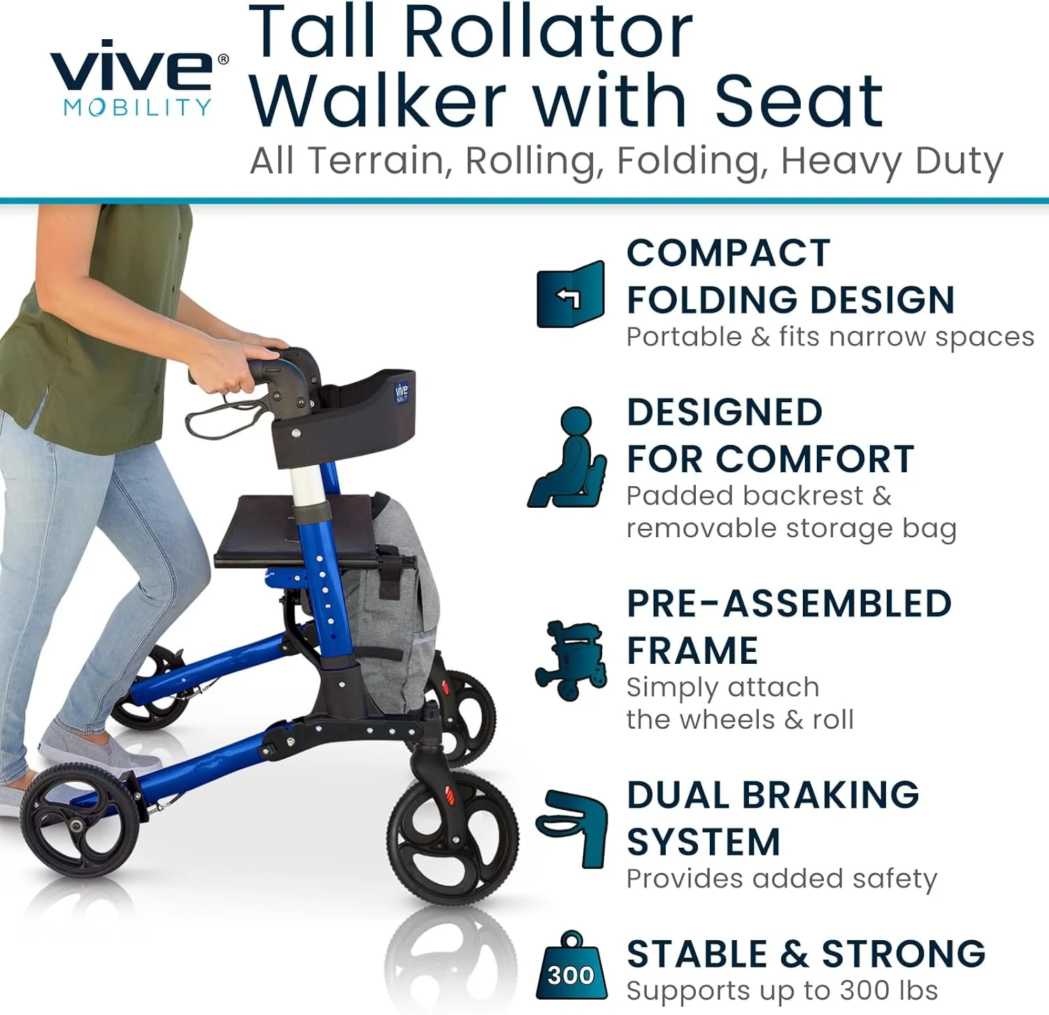 واکر رولیتور بلند Vive با صندلی برای سالمندان، آقایان - مناسب تمام سطوح، چرخ دار، تاشو، مقاوم، پزشکی، 4 چرخ بزرگ، ترمز، با کیف - برای بزرگسالان، اسکوتر کم وزن و درجه یک