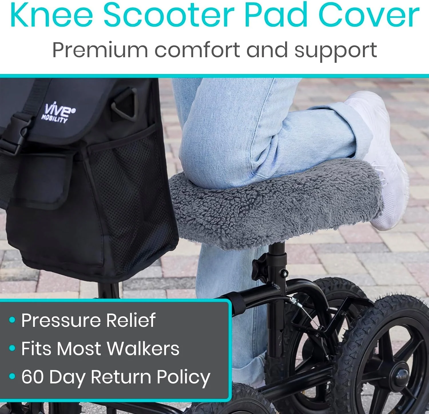 روکش پد اسکوتر زانو Vive Mobility - بالشتک فوم حافظه‌دار مخمل خواب‌دار نرم پوست گوسفند بالغ، لوازم جانبی واکر برای غلتک زانو، لوازم جانبی پددار سبد پا راحتی را با آسیب بهبود می‌بخشد، تناسب جهانی (خاکستری)