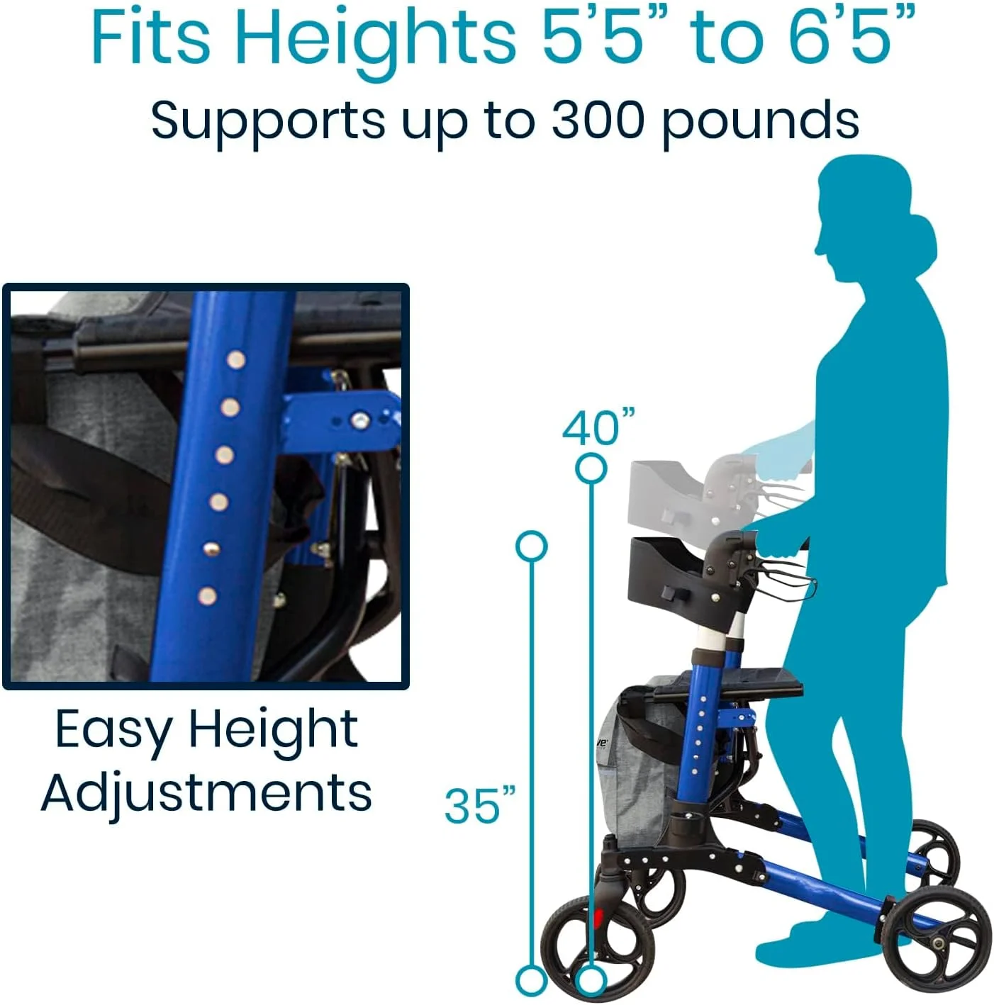 واکر رولیتور بلند Vive با صندلی برای سالمندان، آقایان - مناسب تمام سطوح، چرخ دار، تاشو، مقاوم، پزشکی، 4 چرخ بزرگ، ترمز، با کیف - برای بزرگسالان، اسکوتر کم وزن و درجه یک