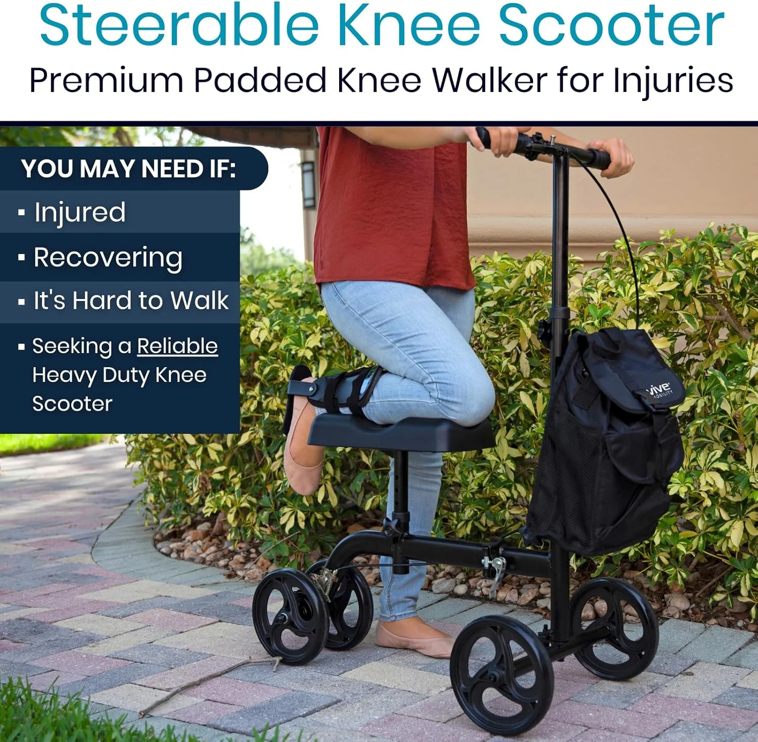 اسکوتر زانو Vive با قابلیت هدایت برای آسیب دیدگی پا، مچ پا و شکستگی ساق پا، اسکوتر چهار چرخ طبی با پد زانو، مناسب بزرگسالان و سالمندان، دارای کیف لوازم همراه اسکوتر زانو Vive با قابلیت هدایت برای آسیب دیدگی پا، مچ پا و شکستگی ساق پا، اسکوتر چهار چرخ طبی با پد زانو، مناسب بزرگسالان و سالمندان، دارای کیف لوازم همراه