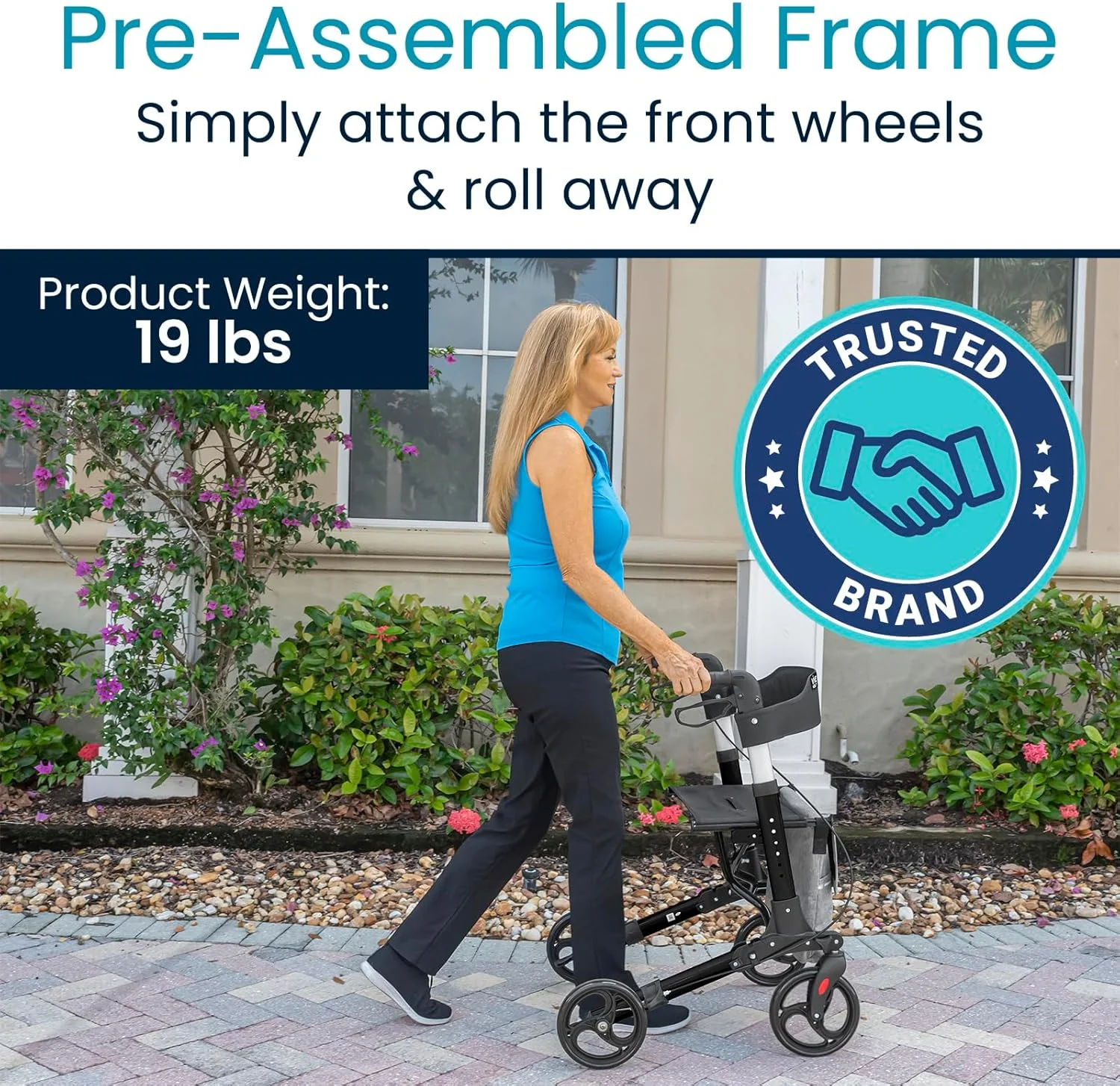 واکر رولیتور تاشو VIVE با 4 چرخ، واکر چرخدار پزشکی با صندلی و کیف، وسیله کمکی حرکتی برای بزرگسالان، سالمندان و معلولان، صندلی حمل و نقل آلومینیومی، سایز واحد، مشکی