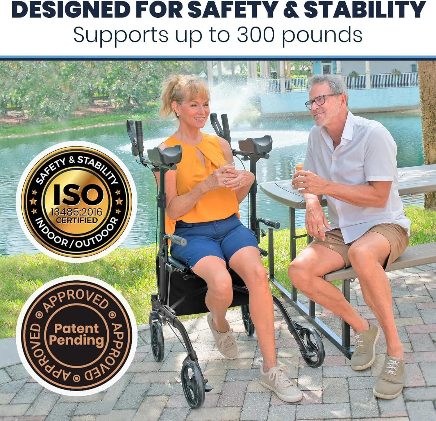 واکر ایستاده ویو موبیلیتی با صندلی، برای سالمندان و بانوان - رولیتور ایستاده، تکیه گاه بازو، سنگین وزن، اسکوتر تاشو کمک پزشکی برای افراد مسن، سالمندان - کمک تاشو پیاده روی (آبی، کیف مشکی)