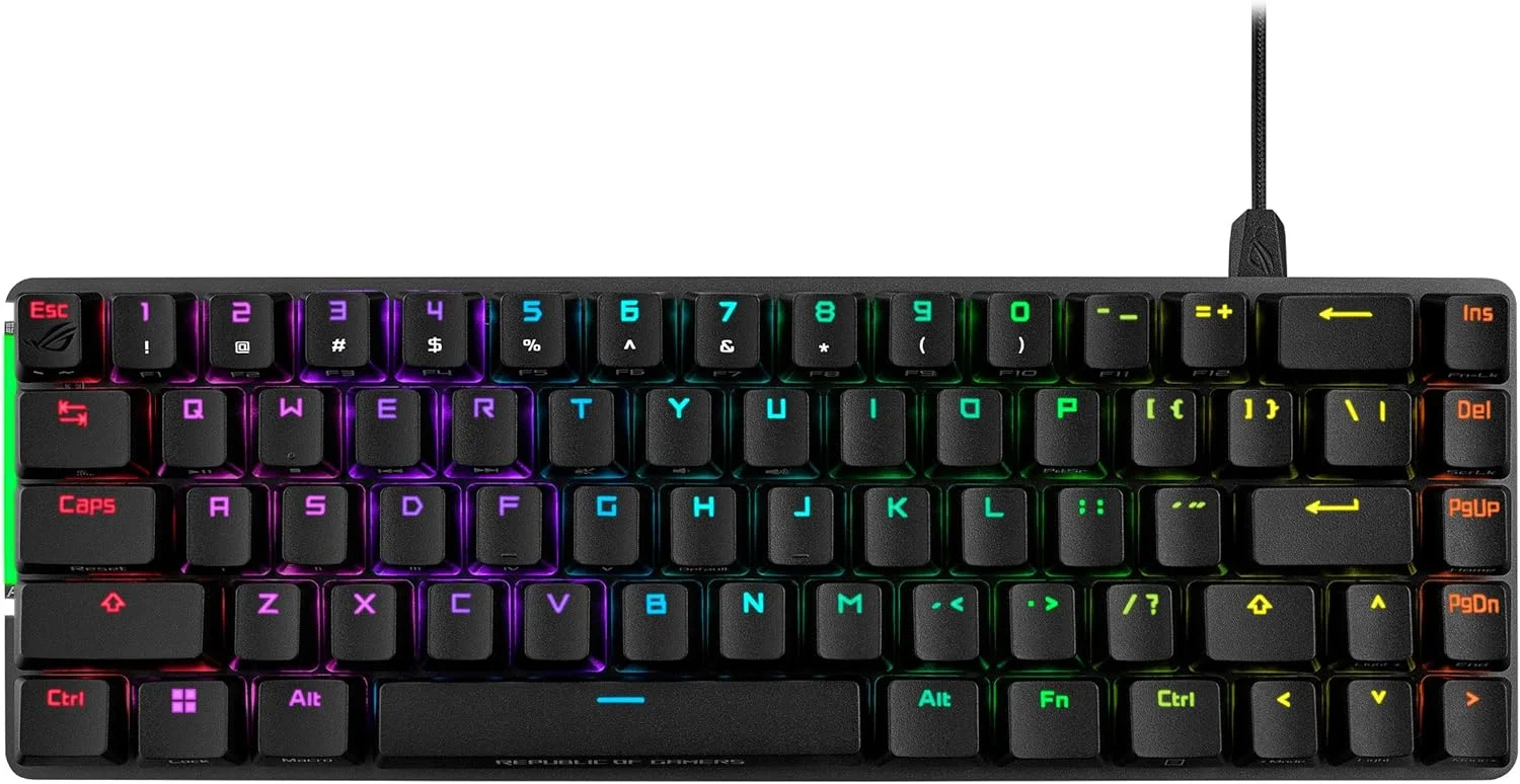 کیبورد گیمینگ مکانیکی فشرده 65% ایسوس ROG Falchion Ace RGB، سوییچ های قرمز ROG NX روانکاری شده و تثبیت کننده سوییچ، فوم کاهش صدا، کلیدهای PBT، اتصال سیمی با KVM، سه زاویه، کاور محافظ - مشکی