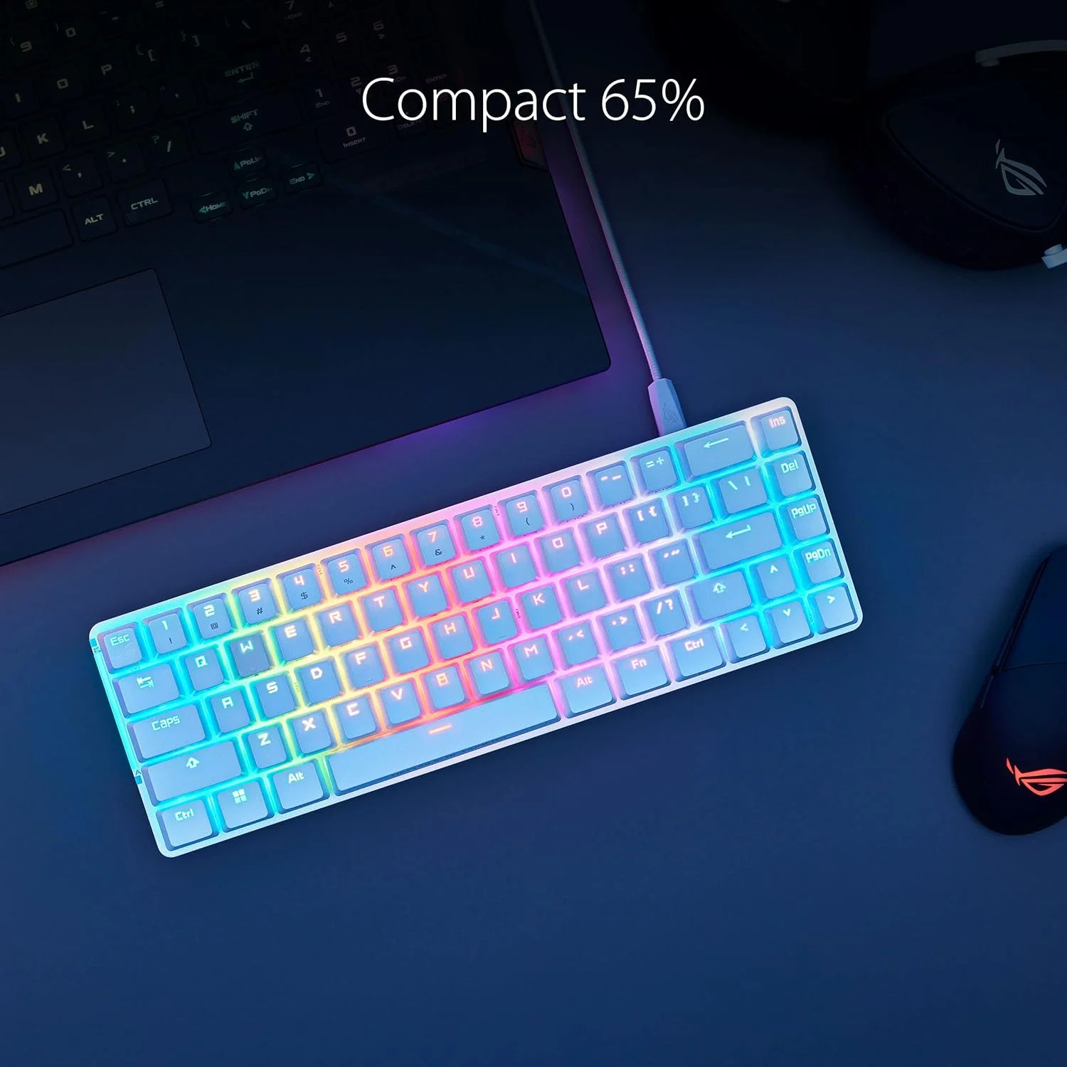 کیبورد گیمینگ مکانیکی فشرده 65% ایسوس ROG Falchion Ace RGB، سوییچ های قرمز ROG NX روانکاری شده و تثبیت کننده سوییچ، فوم کاهش صدا، کلیدهای PBT، اتصال سیمی با KVM، سه زاویه، کاور محافظ - مشکی