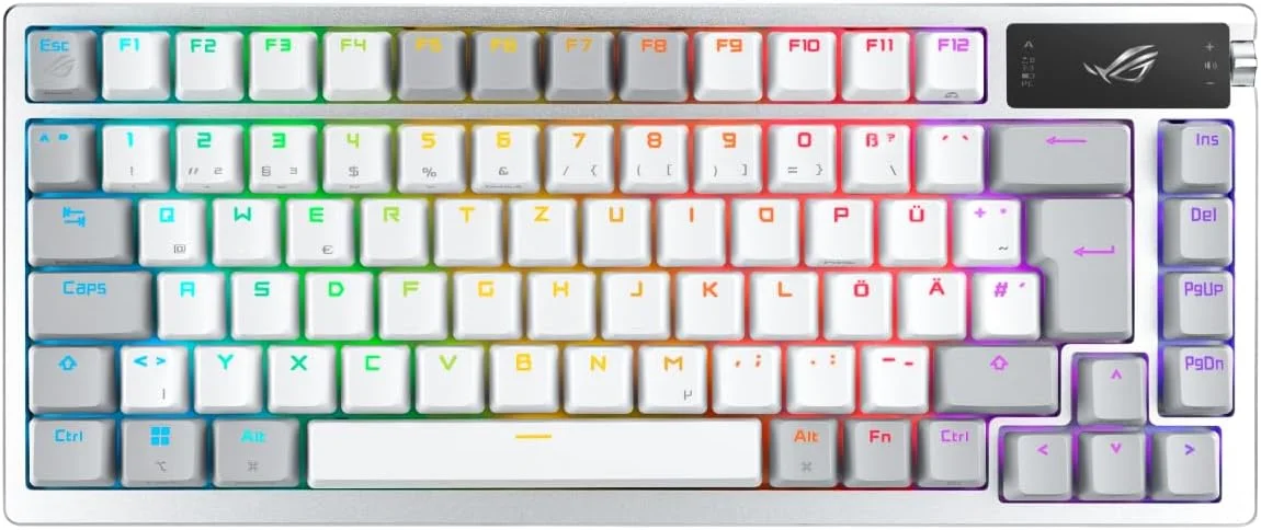کیبورد گیمینگ ایسوس ROG Azoth سفید RGB (طرح‌بندی QWERTZ، فرم فاکتور 75%، سوییچ‌های مکانیکی ROG NX، نمایشگر OLED، بی‌سیم با بلوتوث یا RF بی‌سیم 2.4 گیگاهرتز، کابل USB)